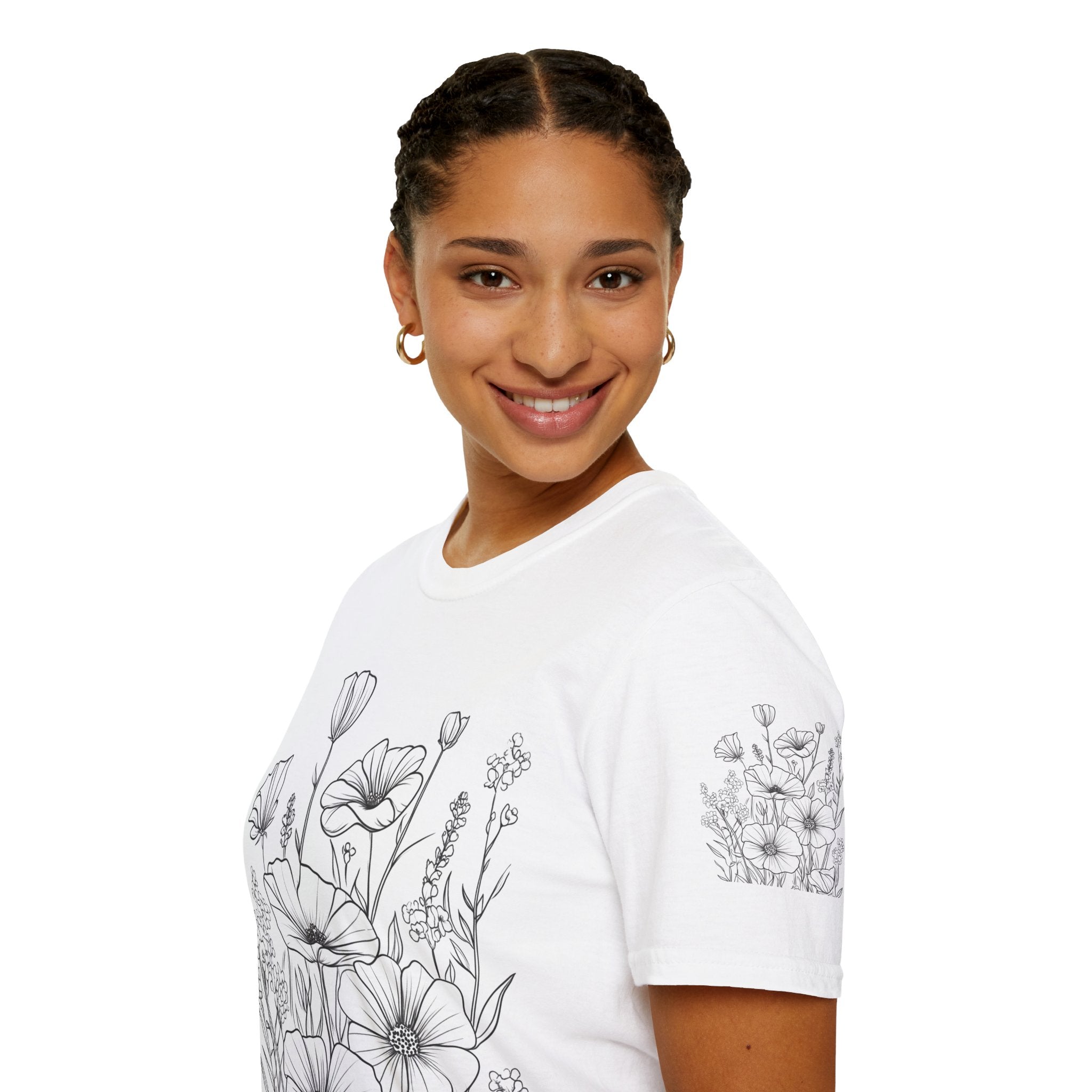 Floral Line Art T-Shirt — Botanical Poppy Sketch Tee