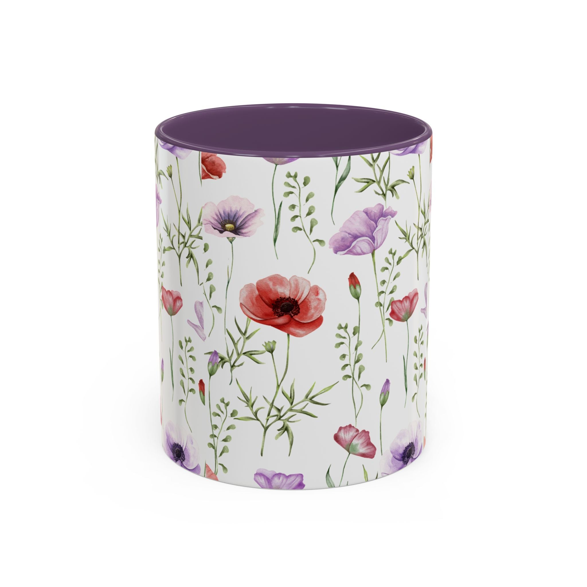Floral Watercolor Accent Coffee Mug — Poppy & Wildflower Pattern (11/15oz)
