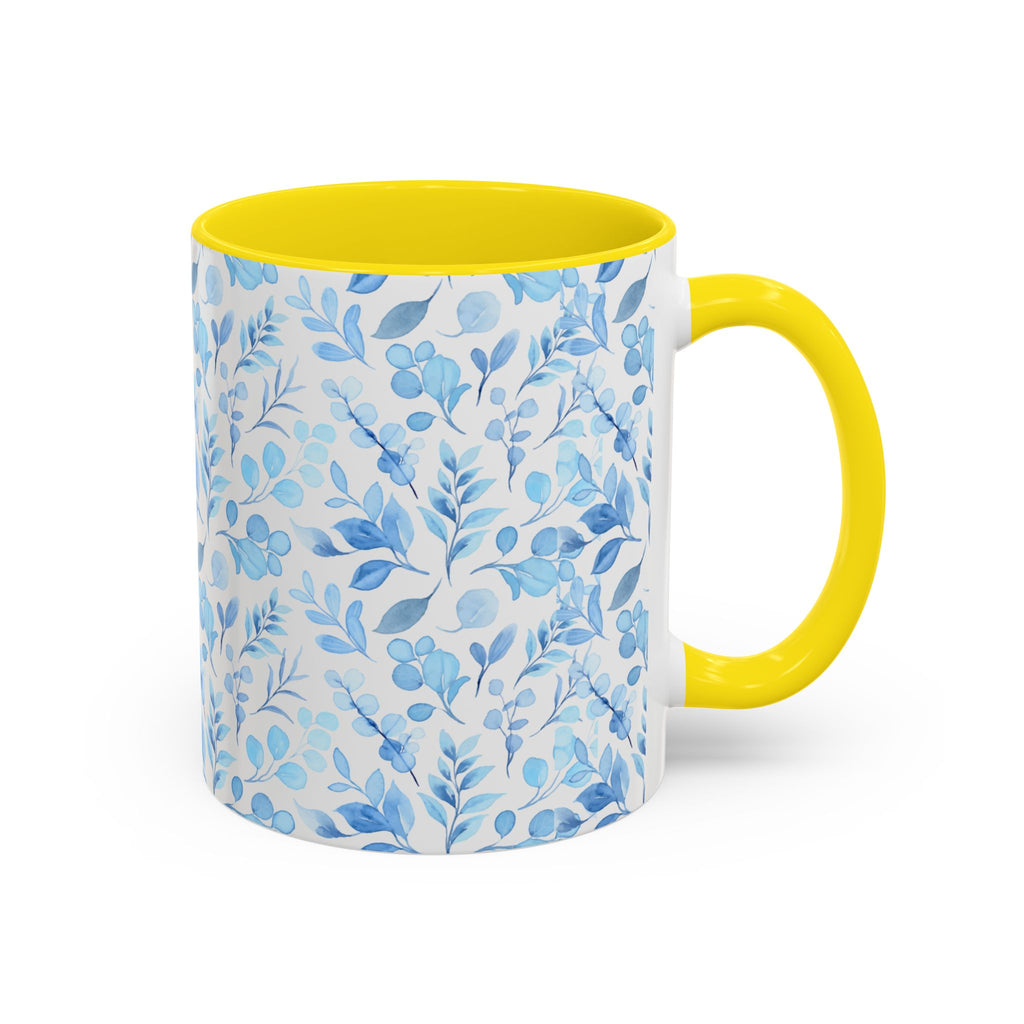 Blue Watercolor Floral Coffee Mug — Accent Handle & Interior