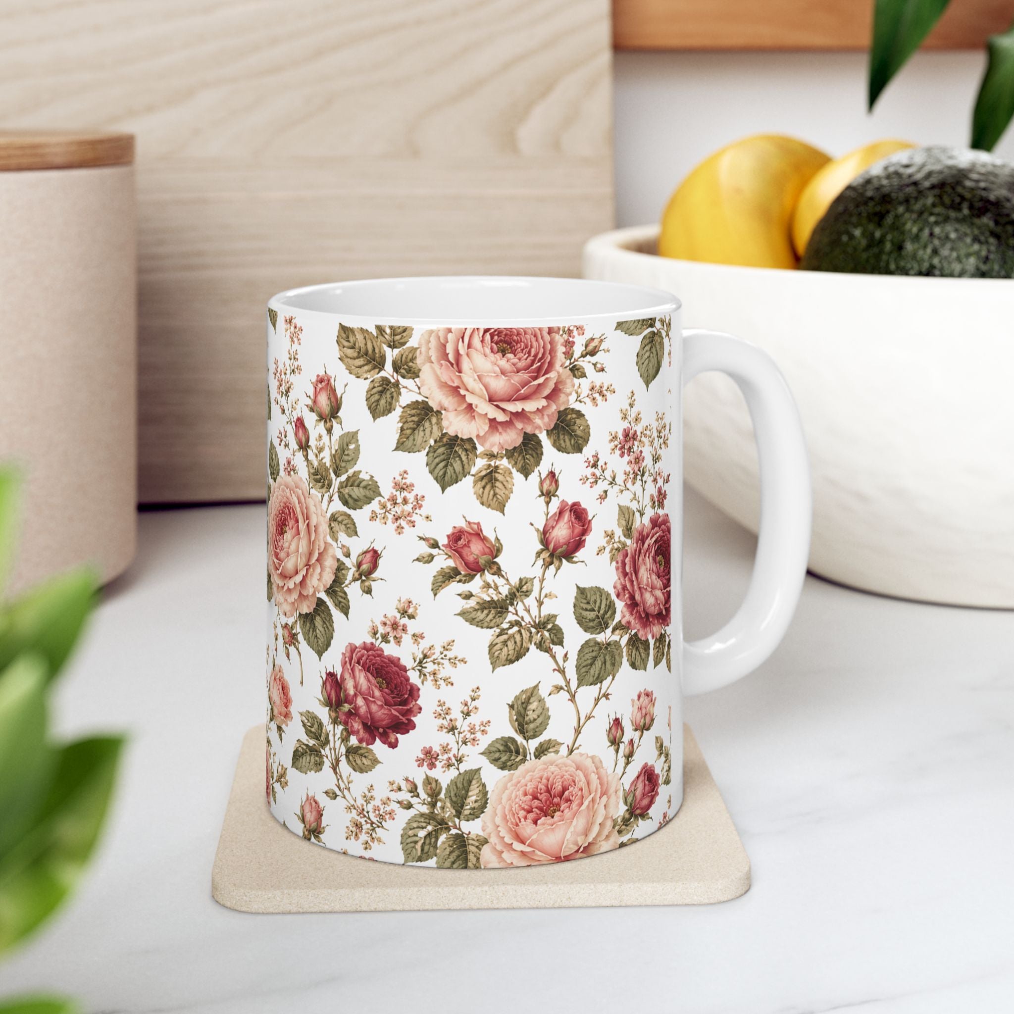 Vintage Rose Floral Ceramic Mug — 11oz & 15oz Tea Coffee Cup