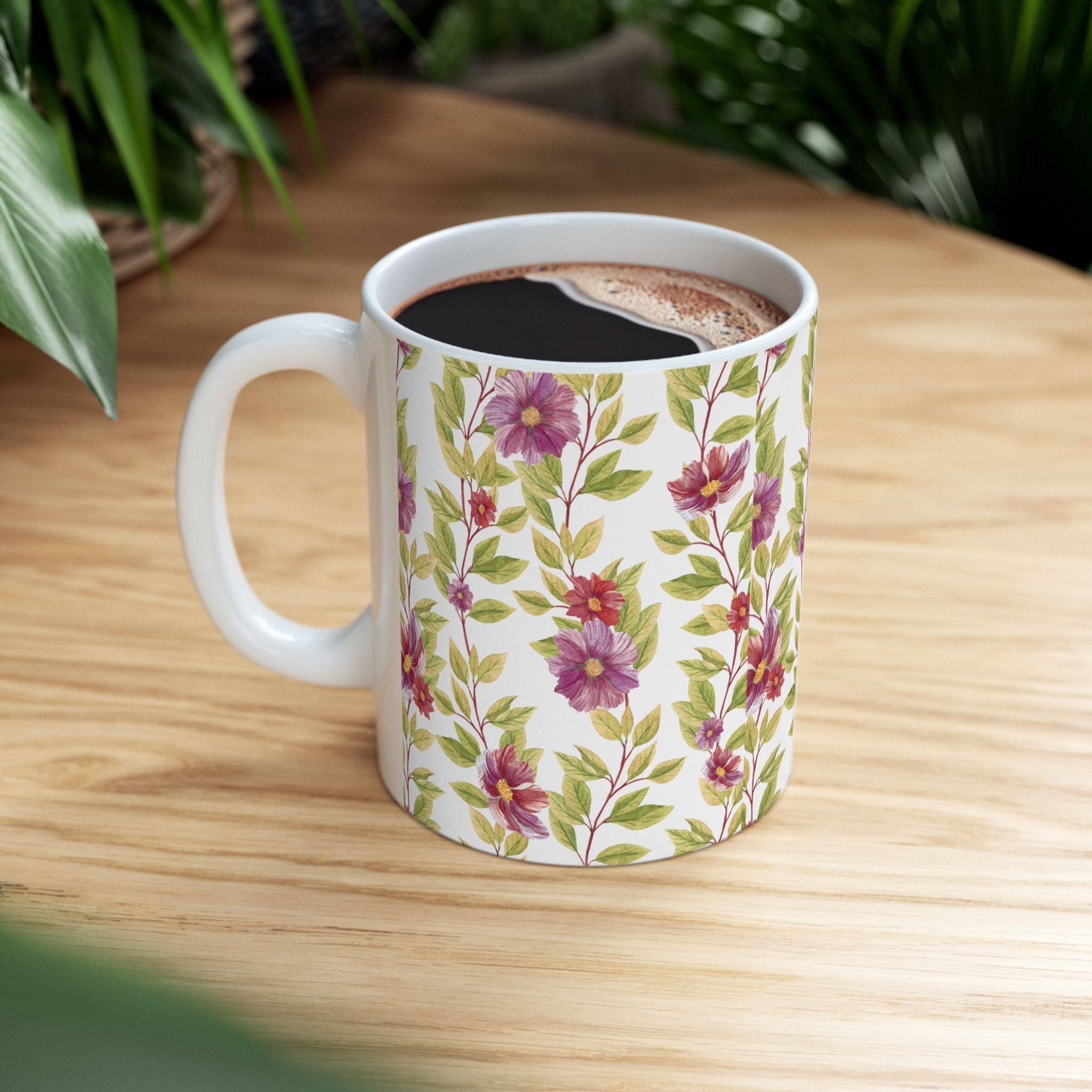 Floral Vine Ceramic Mug — Purple Garden Pattern (11oz & 15oz)