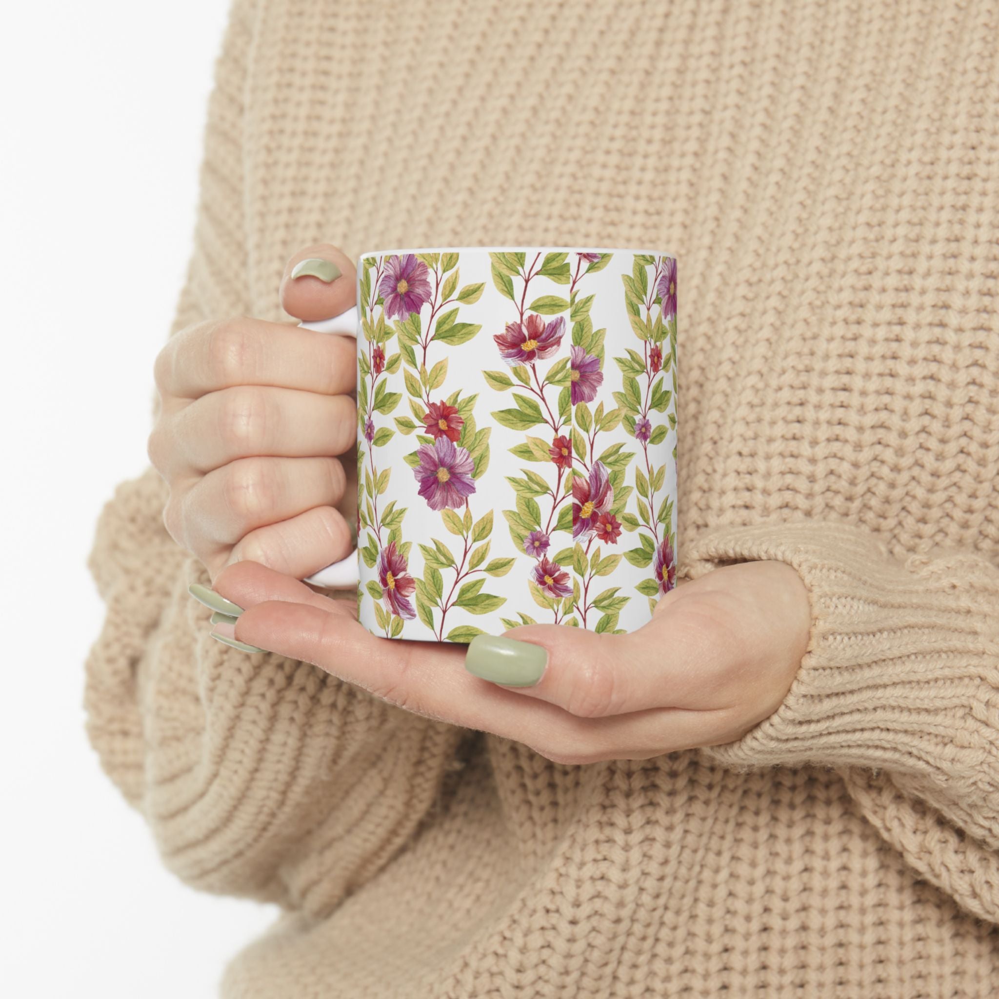 Floral Vine Ceramic Mug — Purple Garden Pattern (11oz & 15oz)
