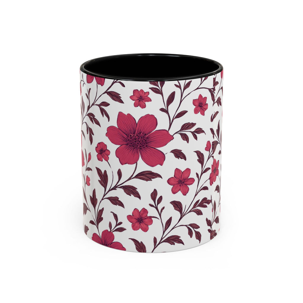 Floral Burgundy Accent Coffee Mug — Pink Blossom Pattern, 11/15oz