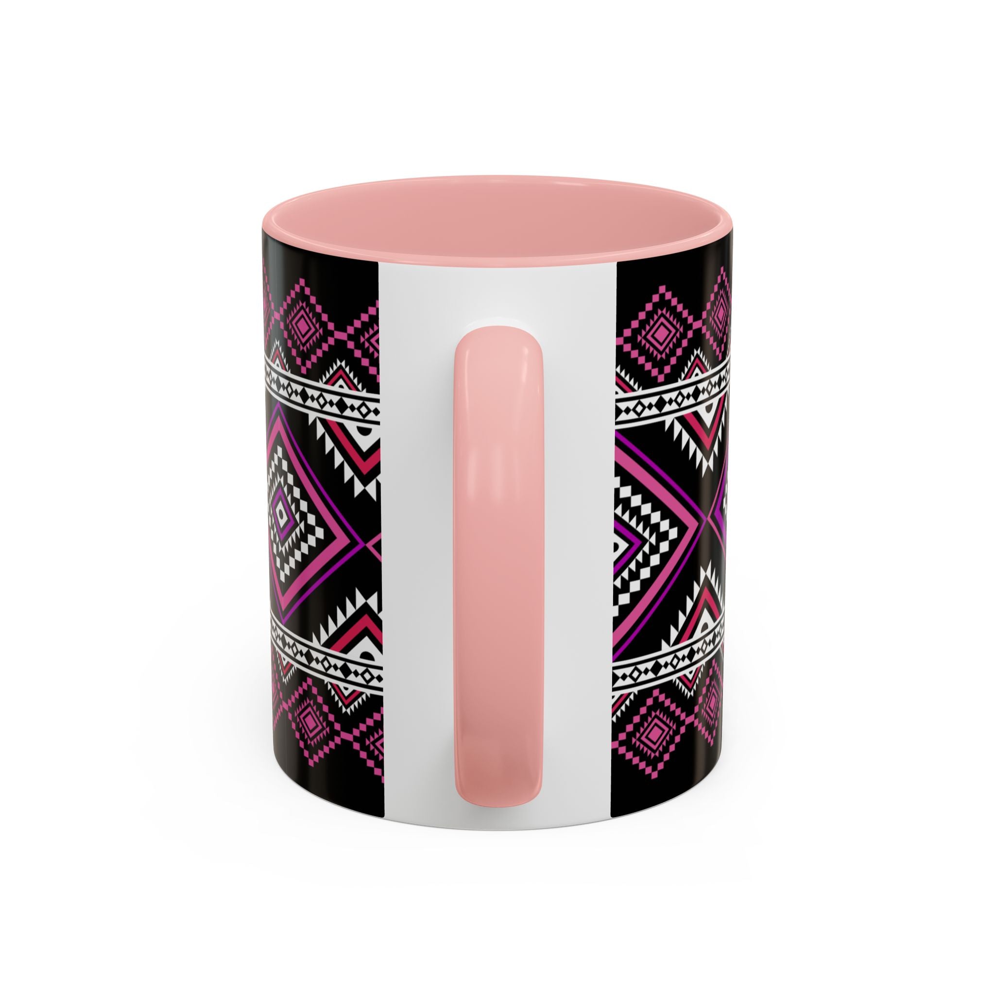 Geometric Aztec Accent Coffee Mug — Pink & Black Tribal Pattern (11/15oz)