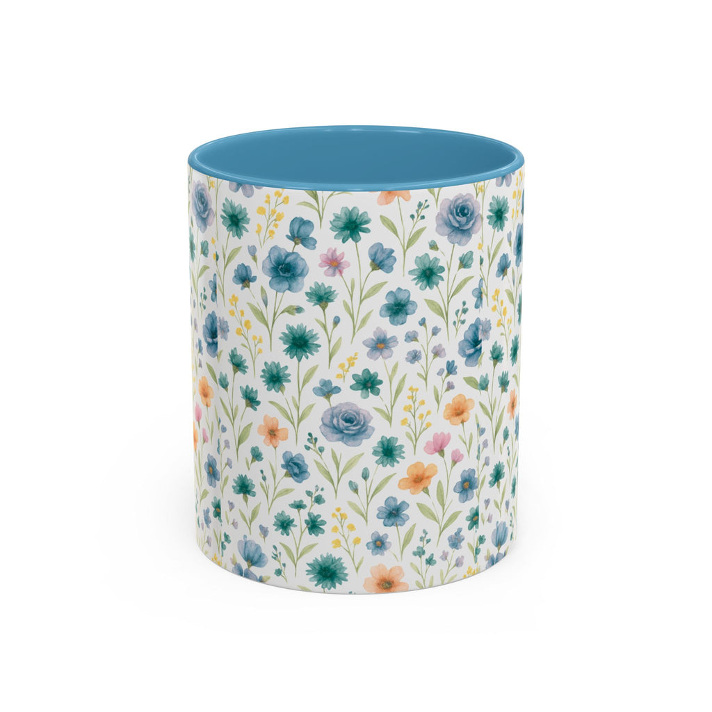 Floral Watercolor Accent Coffee Mug — Blue & Peach Wildflower Pattern (11/15oz)