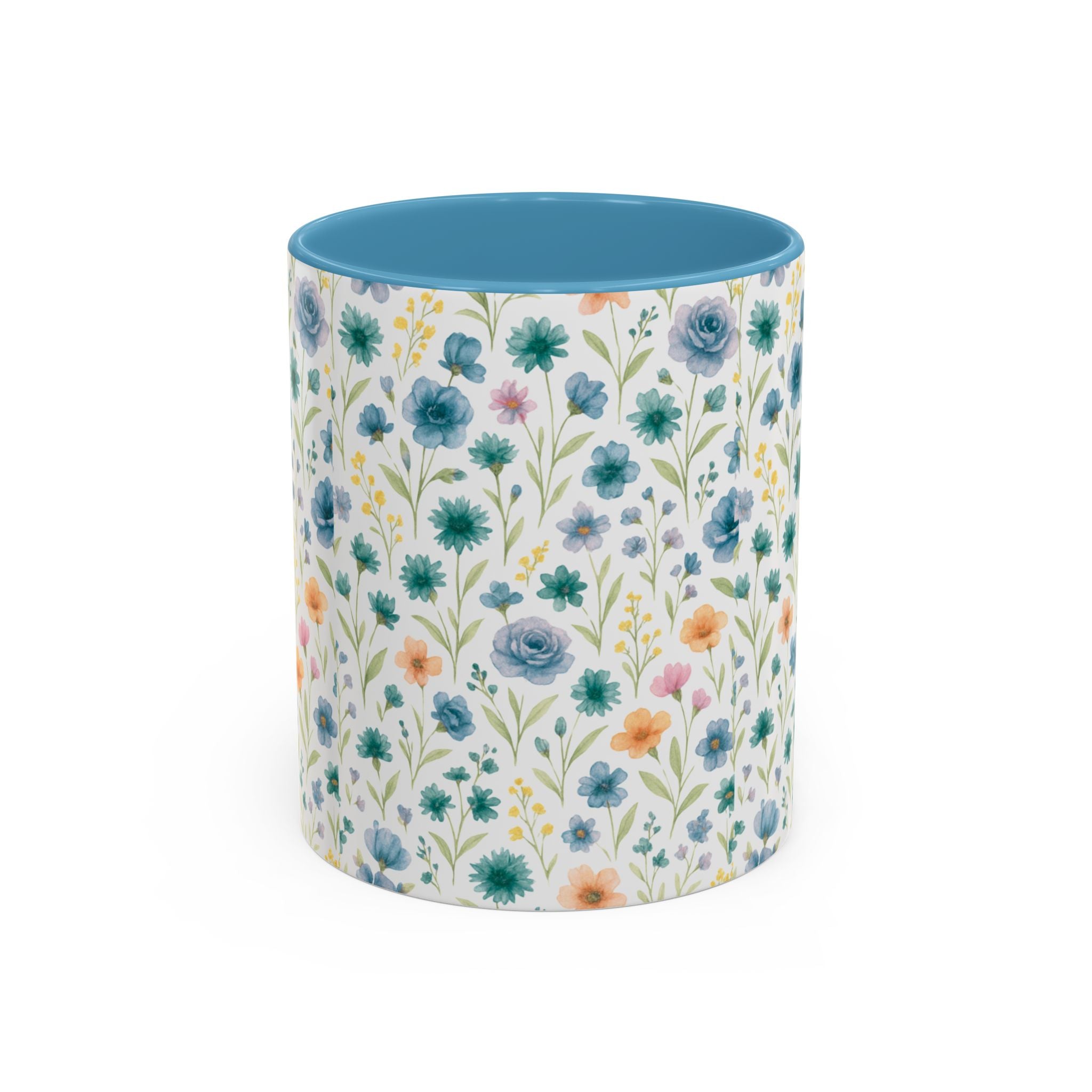 Floral Watercolor Accent Coffee Mug — Blue & Peach Wildflower Pattern (11/15oz)