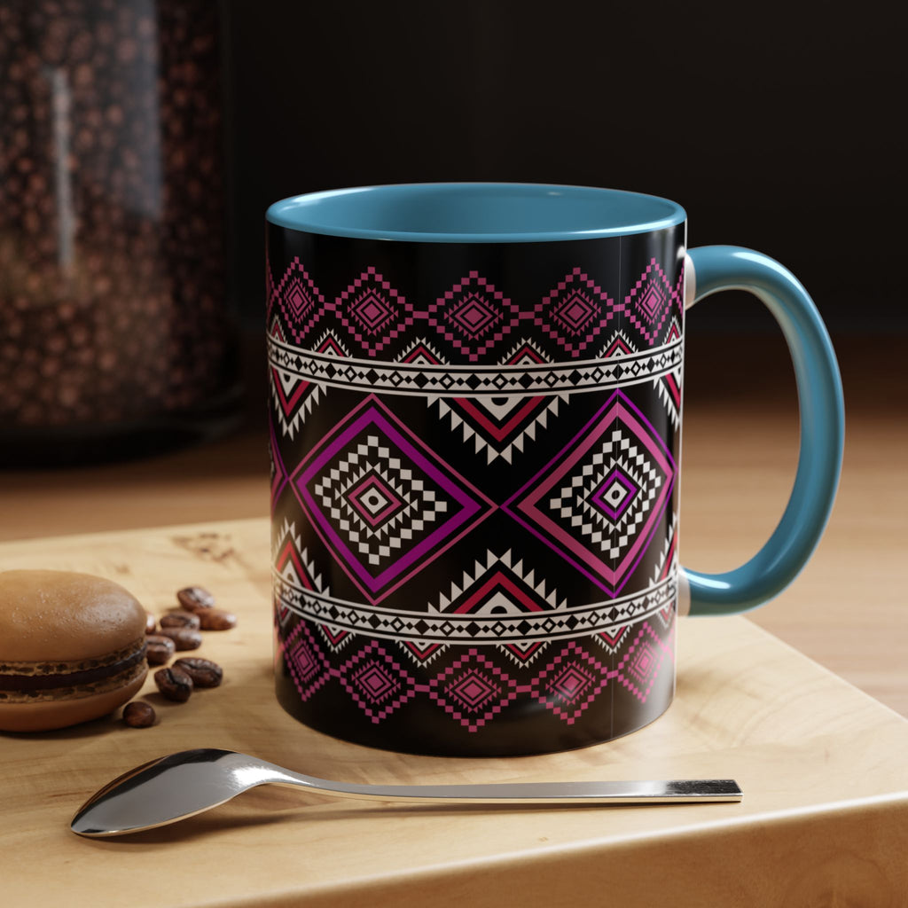 Geometric Aztec Accent Coffee Mug — Pink & Black Tribal Pattern (11/15oz)