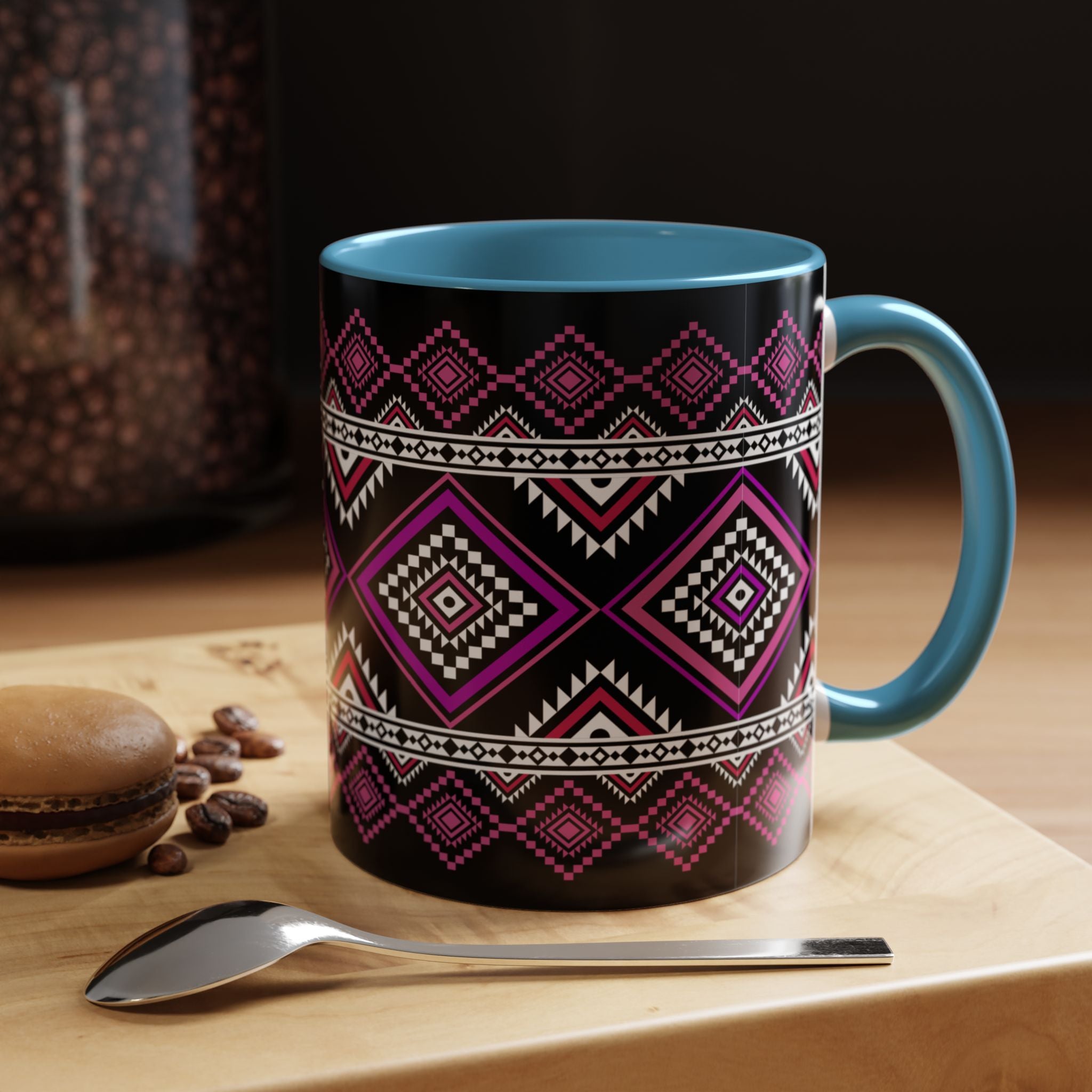 Geometric Aztec Accent Coffee Mug — Pink & Black Tribal Pattern (11/15oz)
