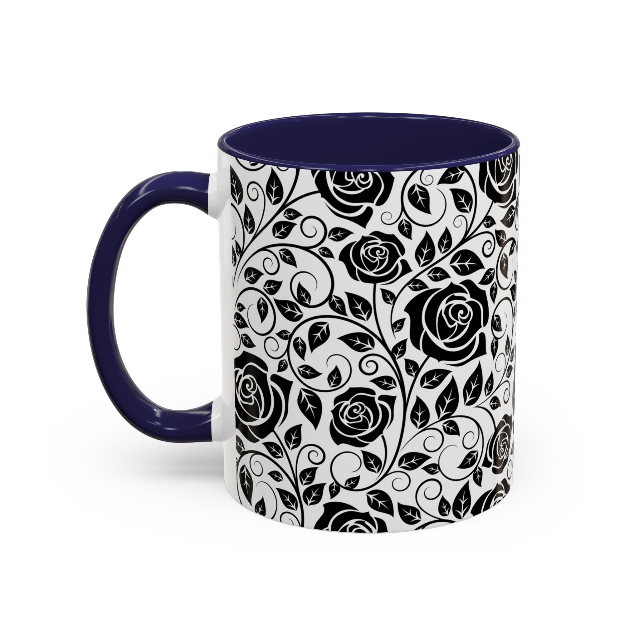Black Rose Pattern Accent Coffee Mug — 11/15oz Ceramic Gift