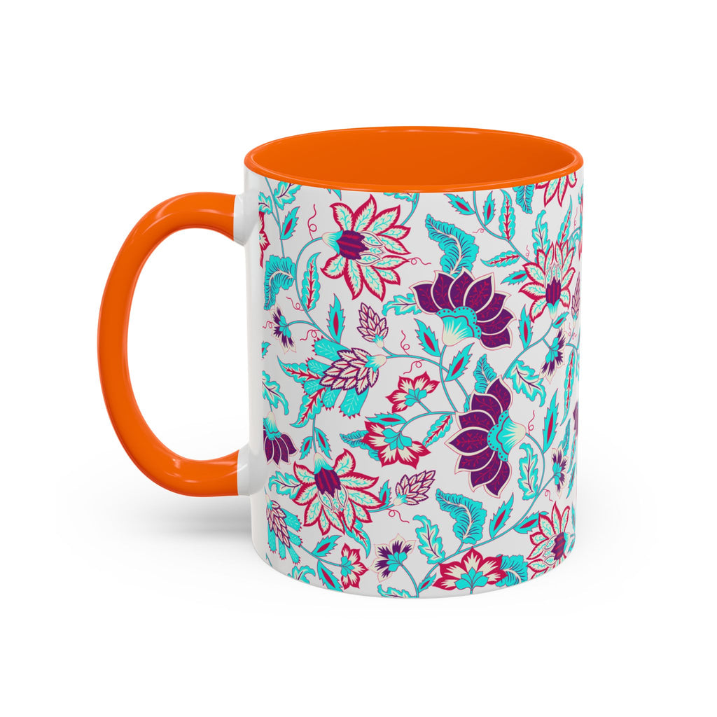 Floral Accent Coffee Mug – Teal & Magenta Patterned Ceramic Mug (11/15oz)