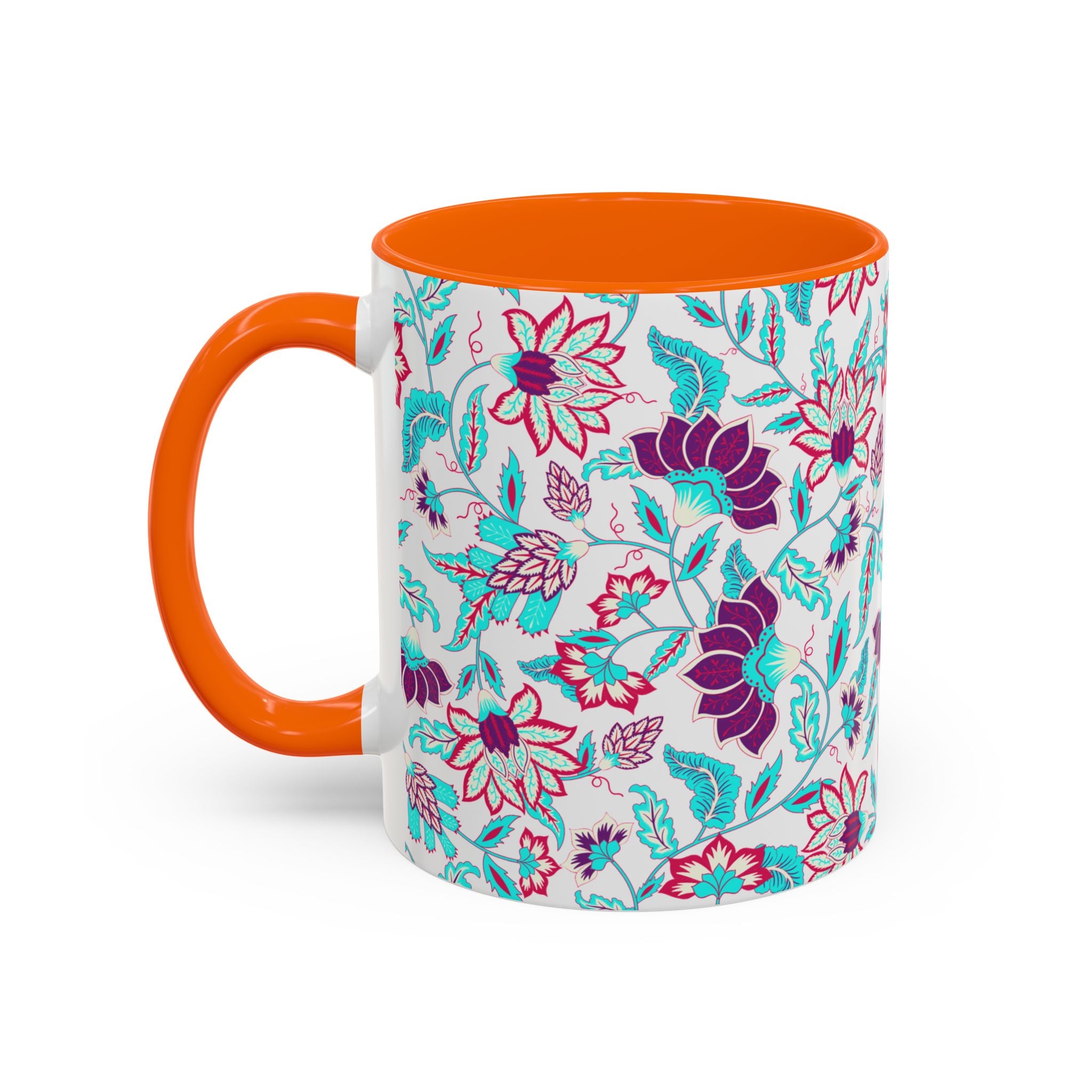 Floral Accent Coffee Mug – Teal & Magenta Patterned Ceramic Mug (11/15oz)
