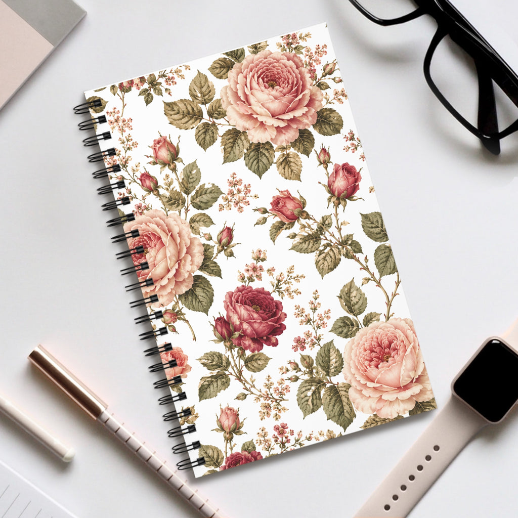 Floral Rose Spiral Journal — Vintage Pink Garden Notebook