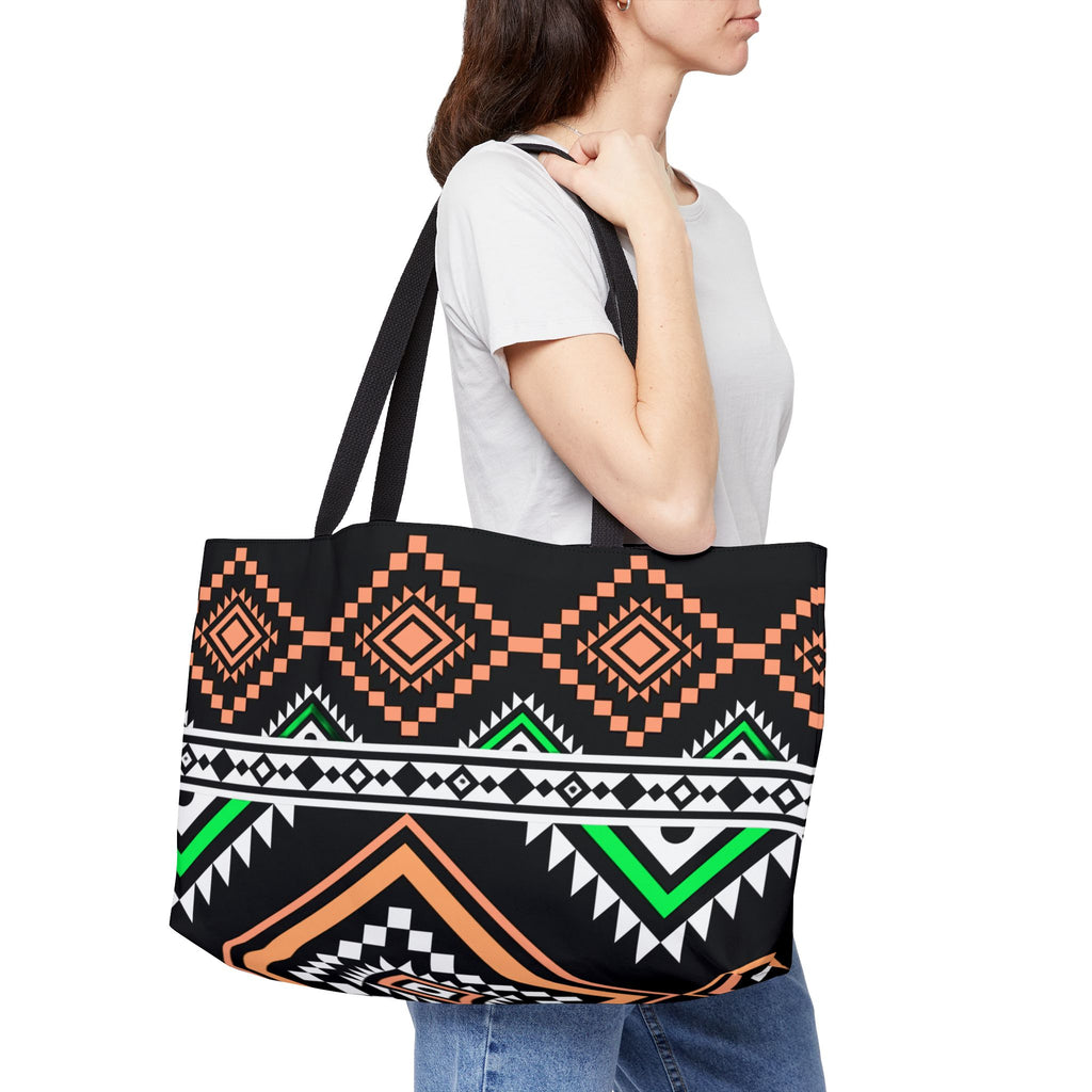 Aztec Geo Weekender Tote Bag — Black & Neon Tribal Beach Bag