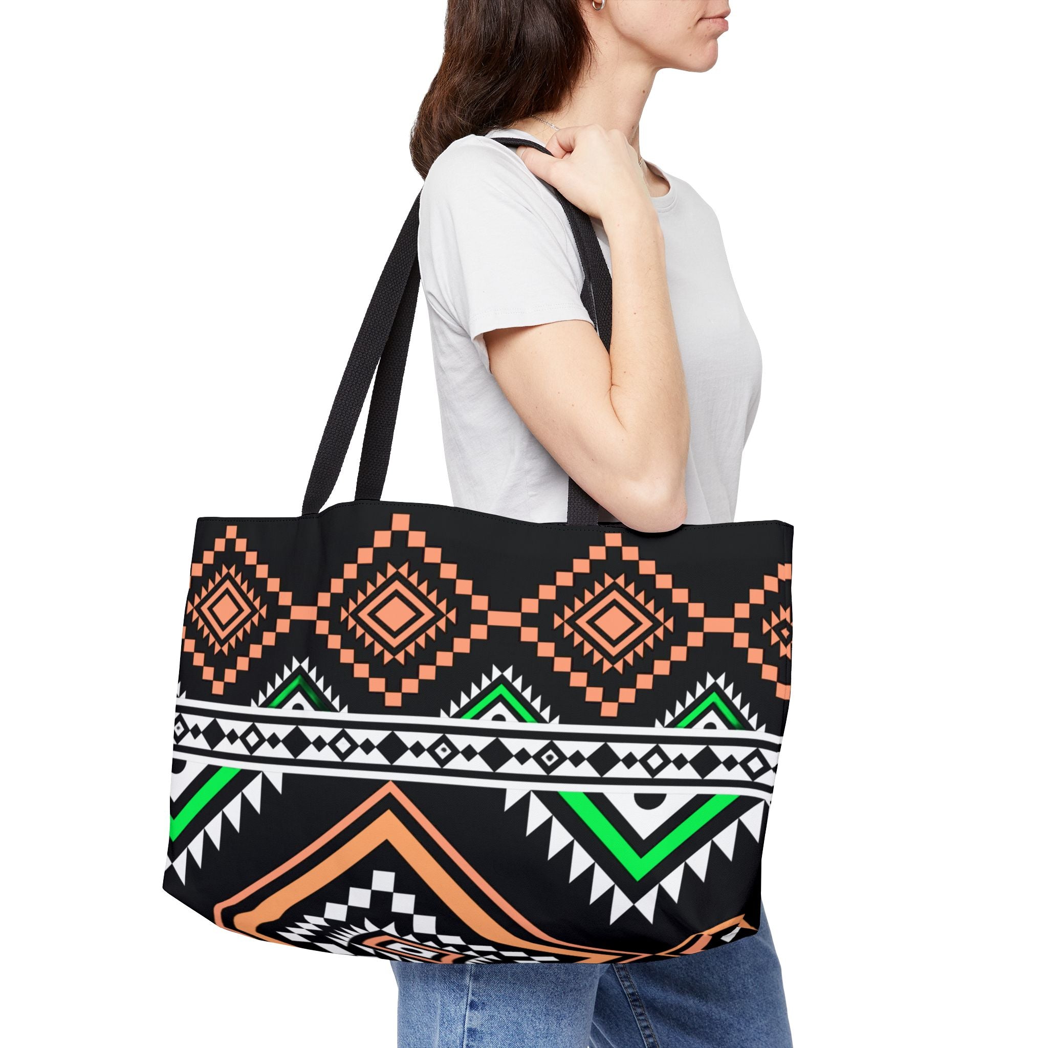 Aztec Geo Weekender Tote Bag — Black & Neon Tribal Beach Bag