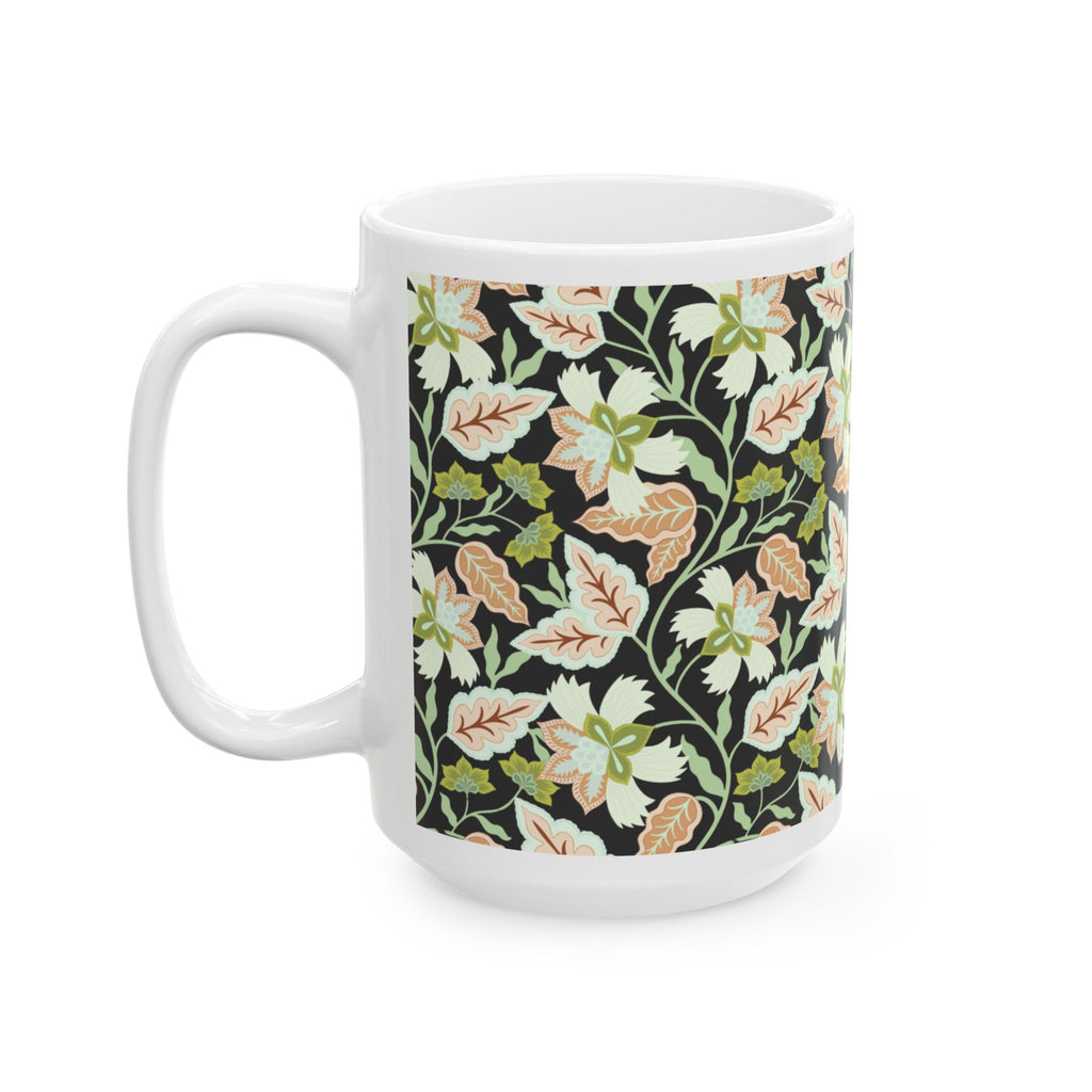 Floral Vine Ceramic Mug — Black Background Vintage Botanical Coffee Cup (11oz, 15oz)