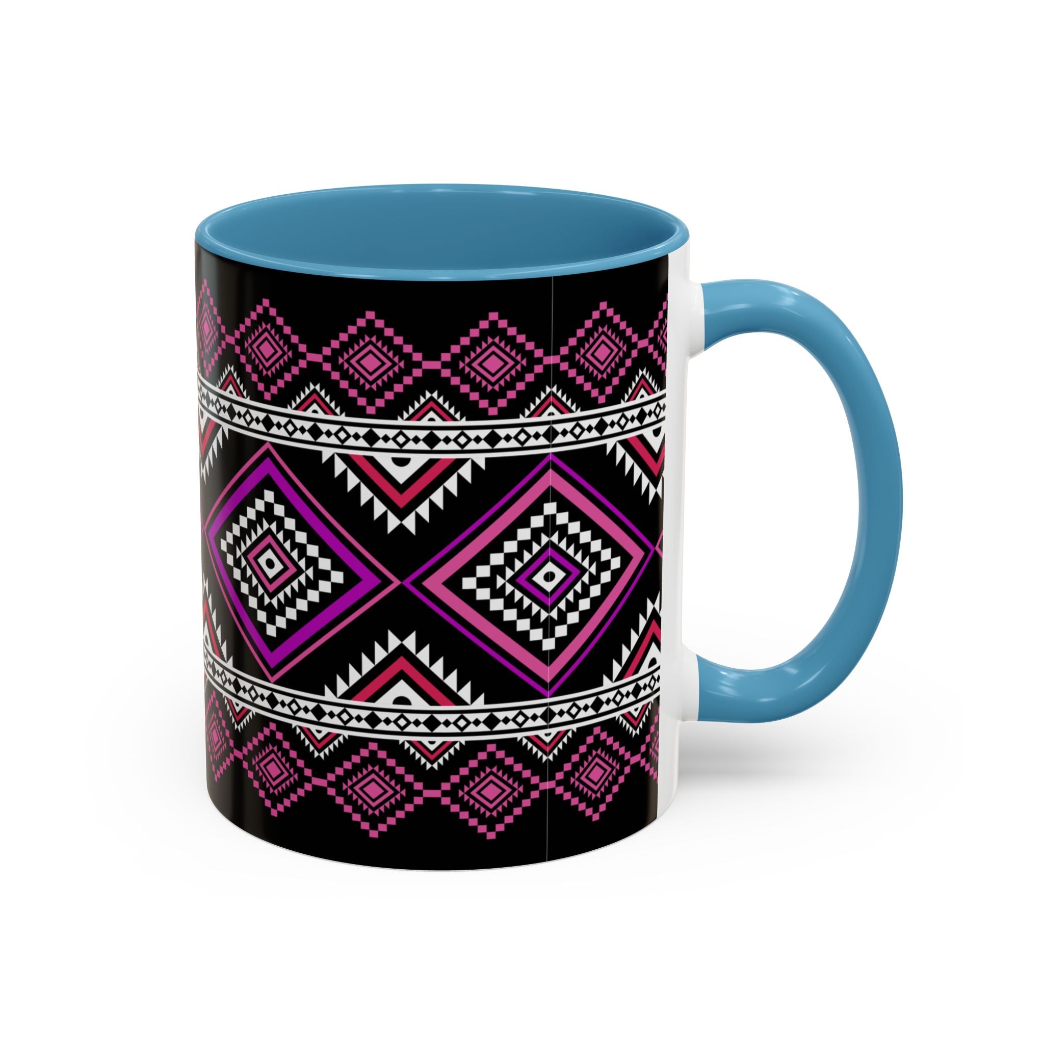 Geometric Aztec Accent Coffee Mug — Pink & Black Tribal Pattern (11/15oz)