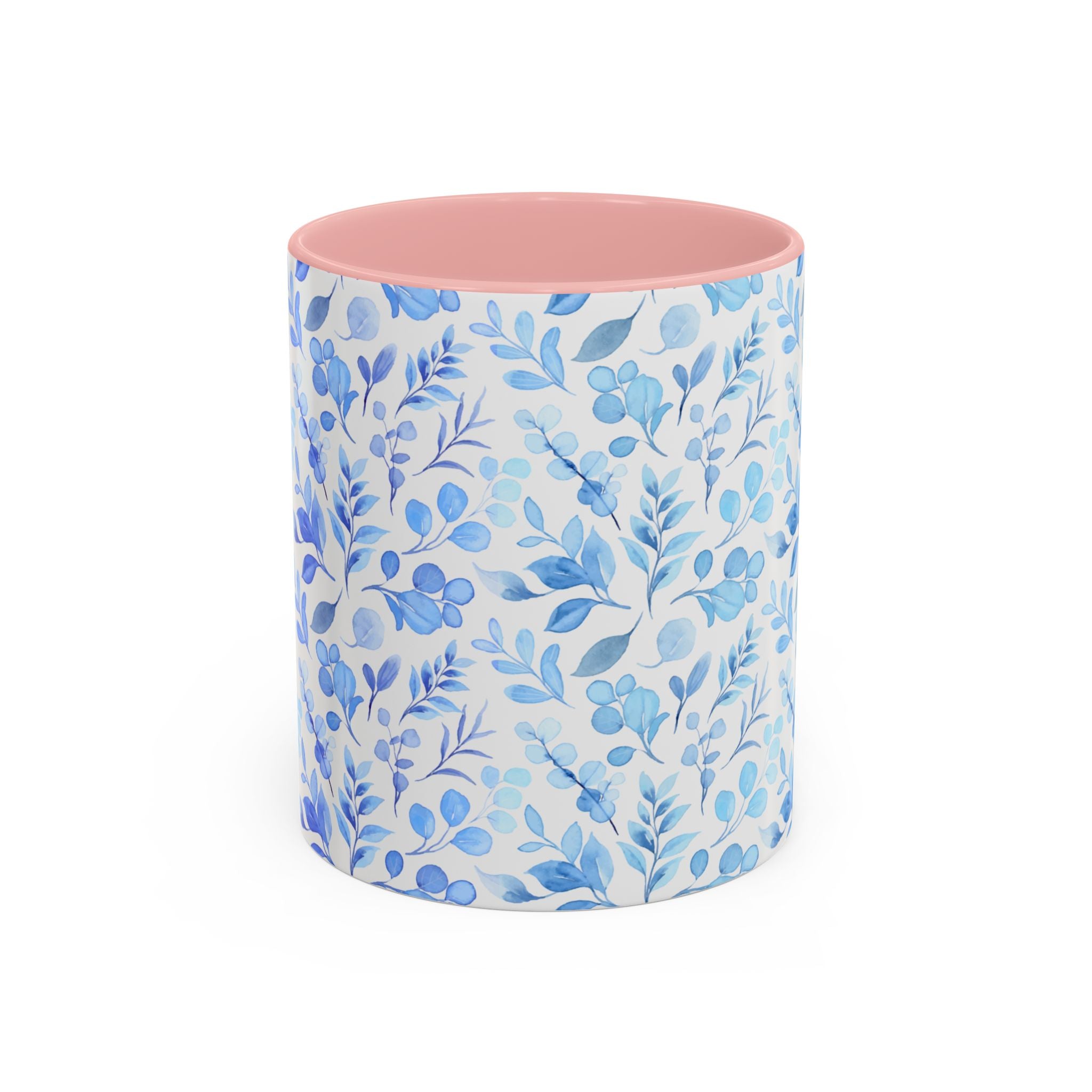 Blue Watercolor Floral Coffee Mug — Accent Handle & Interior