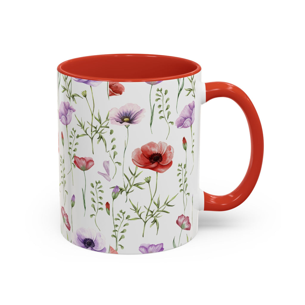 Floral Watercolor Accent Coffee Mug — Poppy & Wildflower Pattern (11/15oz)
