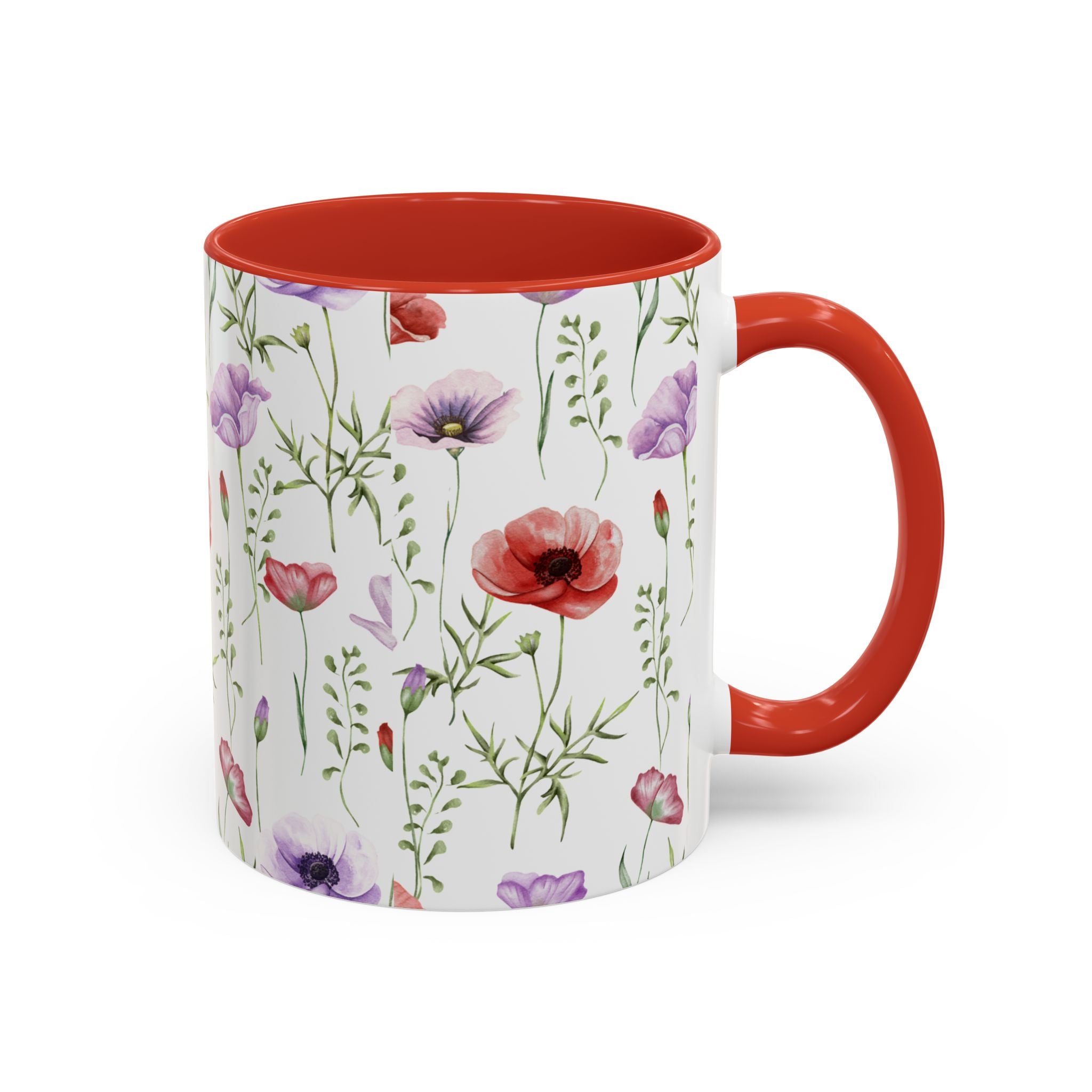 Floral Watercolor Accent Coffee Mug — Poppy & Wildflower Pattern (11/15oz)