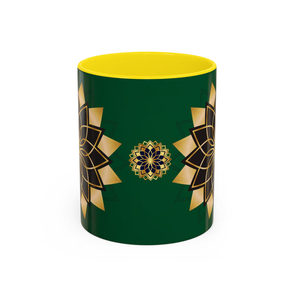 Gold Mandala Accent Coffee Mug — Elegant Green & Black Ceramic 11/15oz