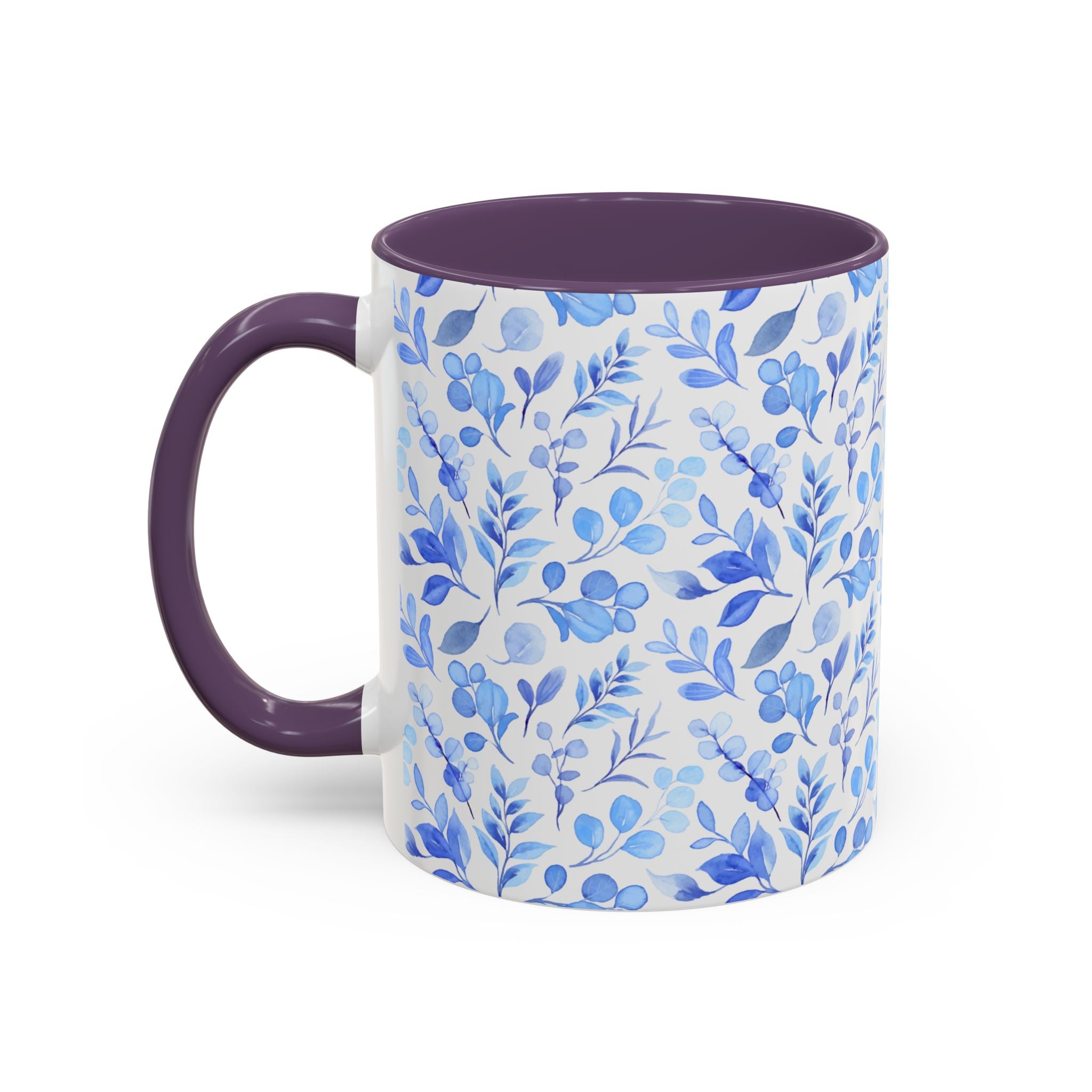 Blue Watercolor Floral Coffee Mug — Accent Handle & Interior