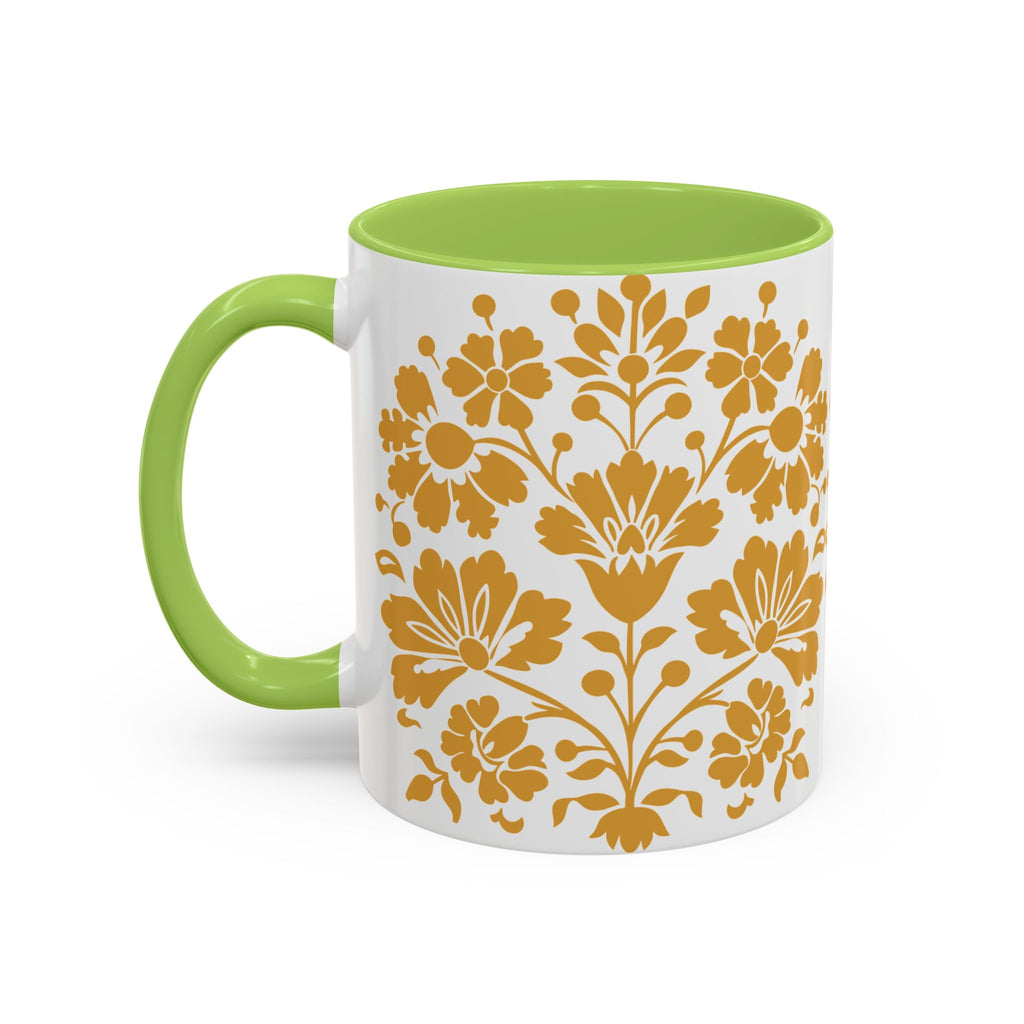Gold Floral Accent Coffee Mug — Elegant Damask 11/15oz Ceramic