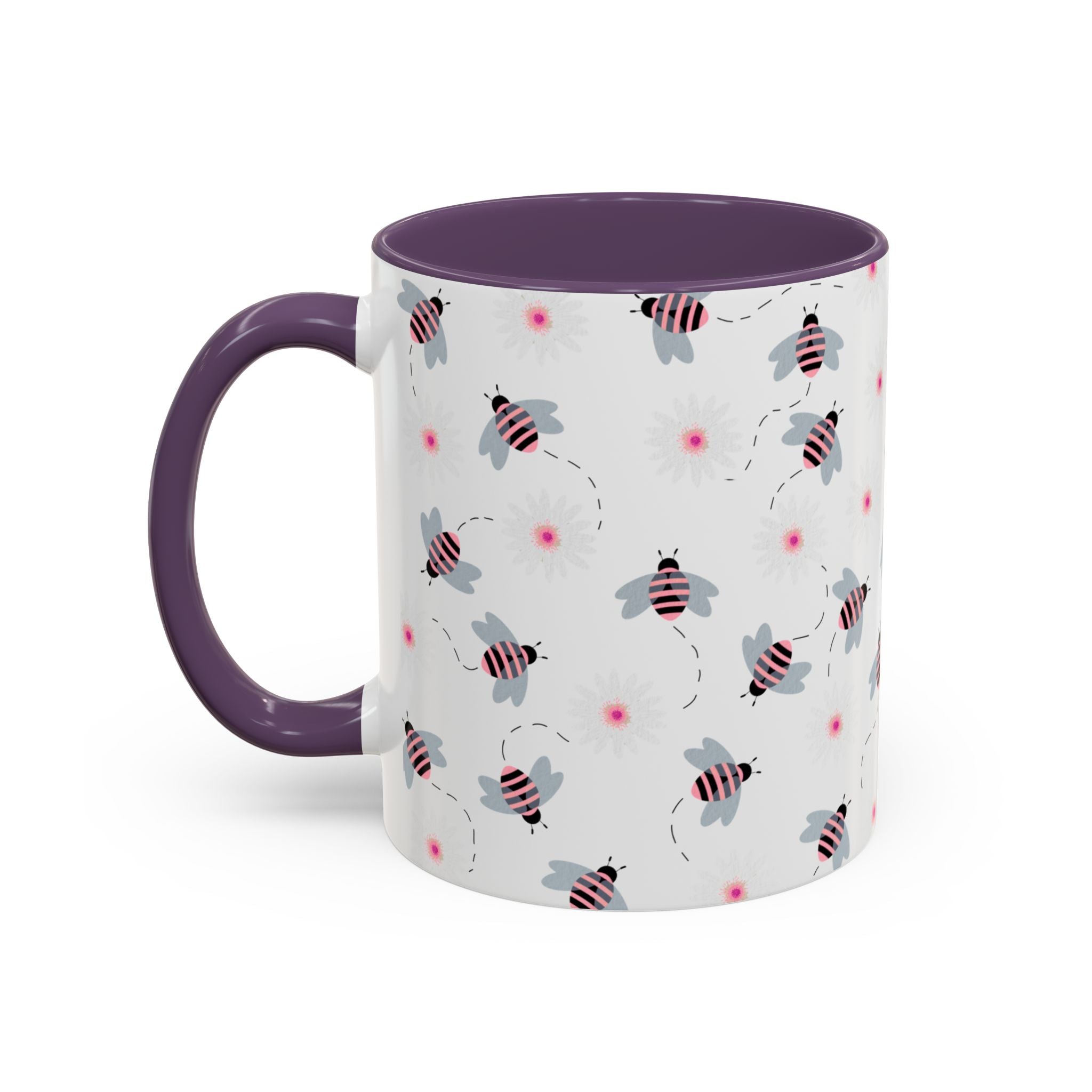 Bee Pattern Accent Coffee Mug — Cute Floral Honeybee Design, 11/15 oz