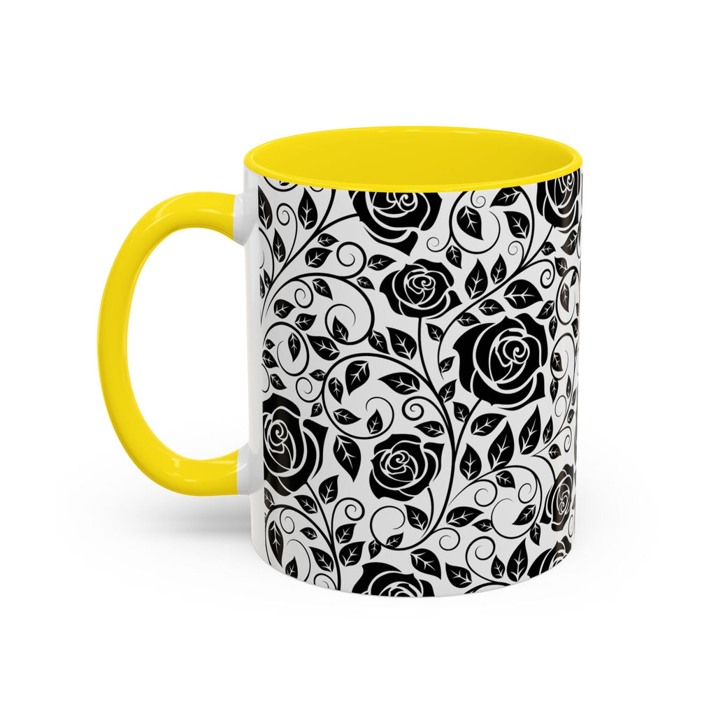 Black Rose Pattern Accent Coffee Mug — 11/15oz Ceramic Gift