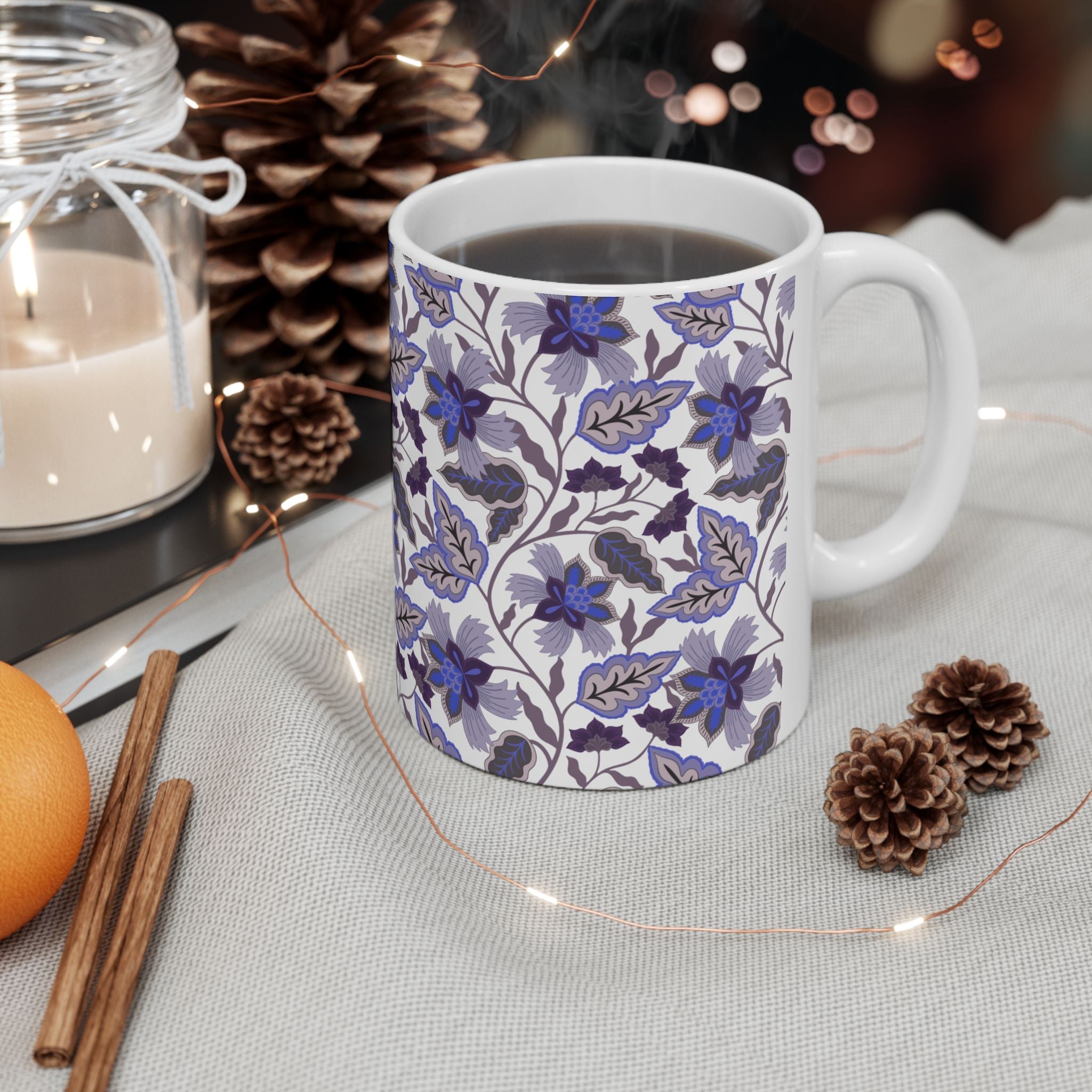 Blue Floral Ceramic Mug – Vintage Botanical Pattern (11oz & 15oz)
