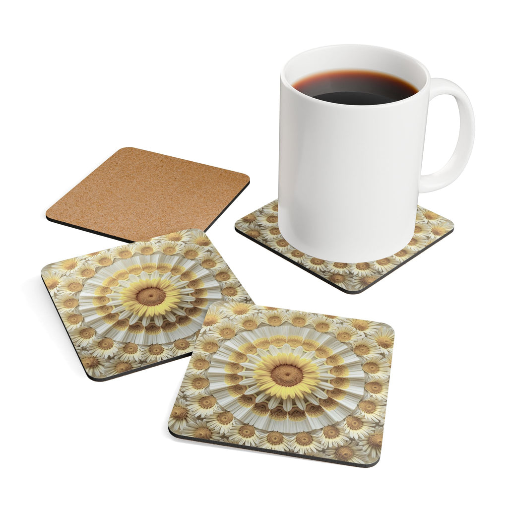 Sunflower Mandala Cork Coasters — Set of 4 Decorative Drink Coasters