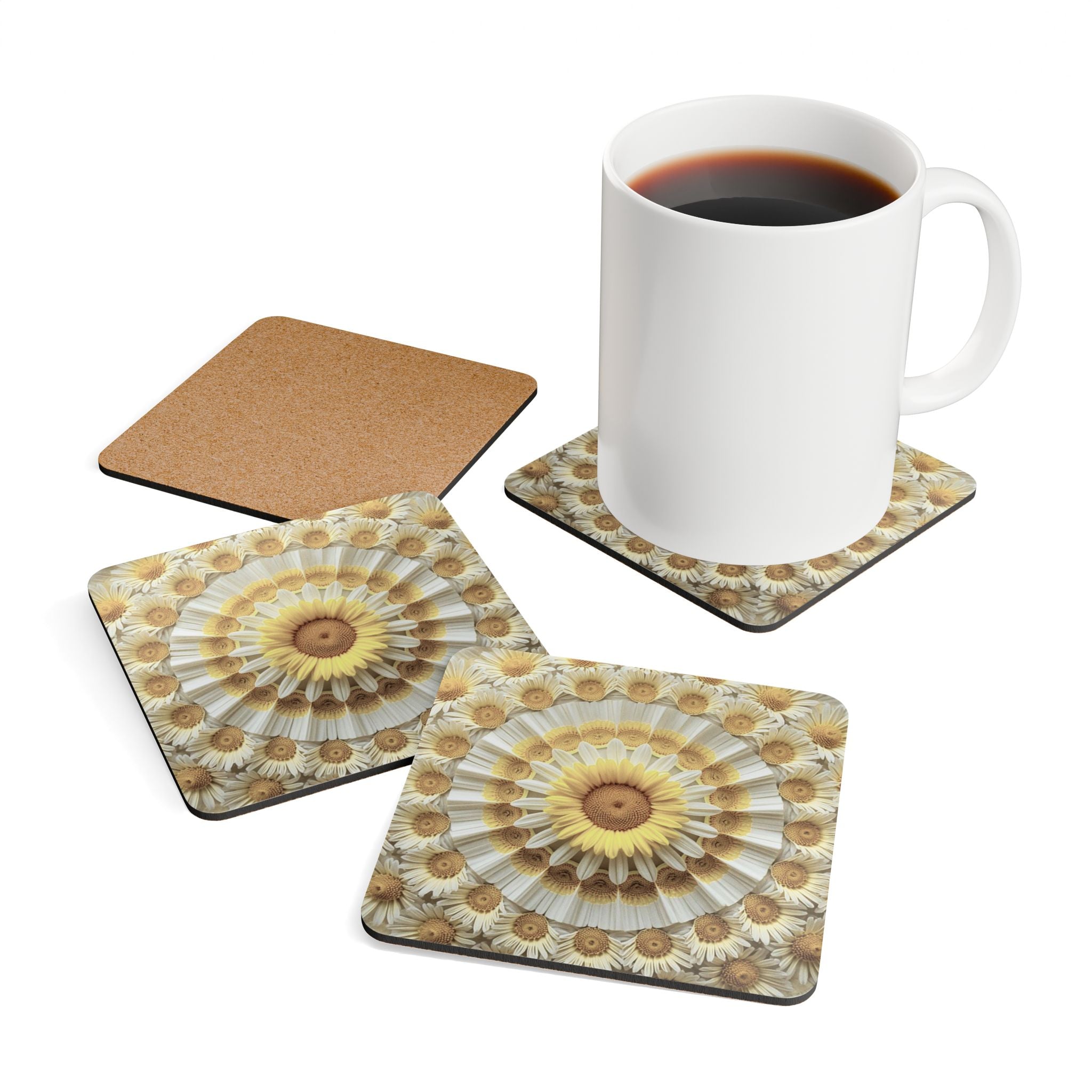 Sunflower Mandala Cork Coasters — Set of 4 Decorative Drink Coasters