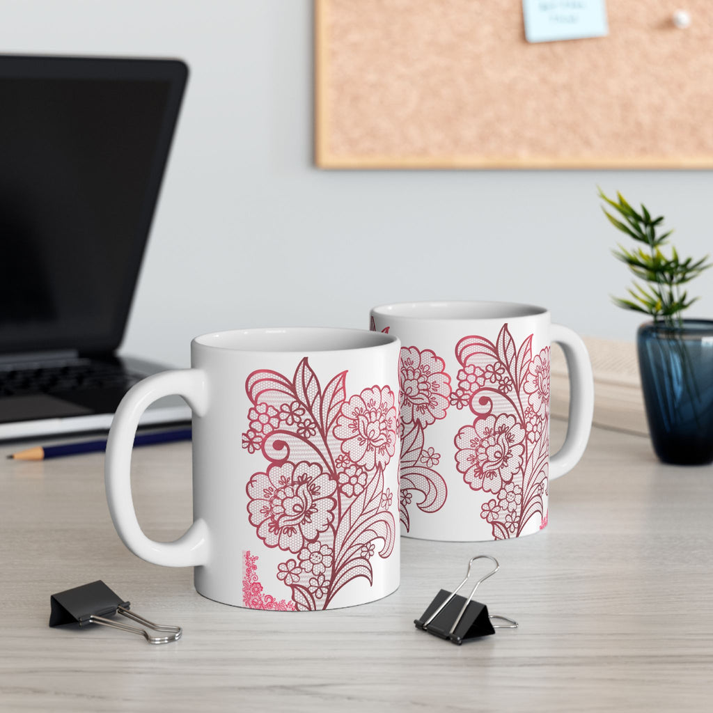 Floral Lace Red Ceramic Mug — Vintage Rose Pattern Coffee Cup (11oz & 15oz)