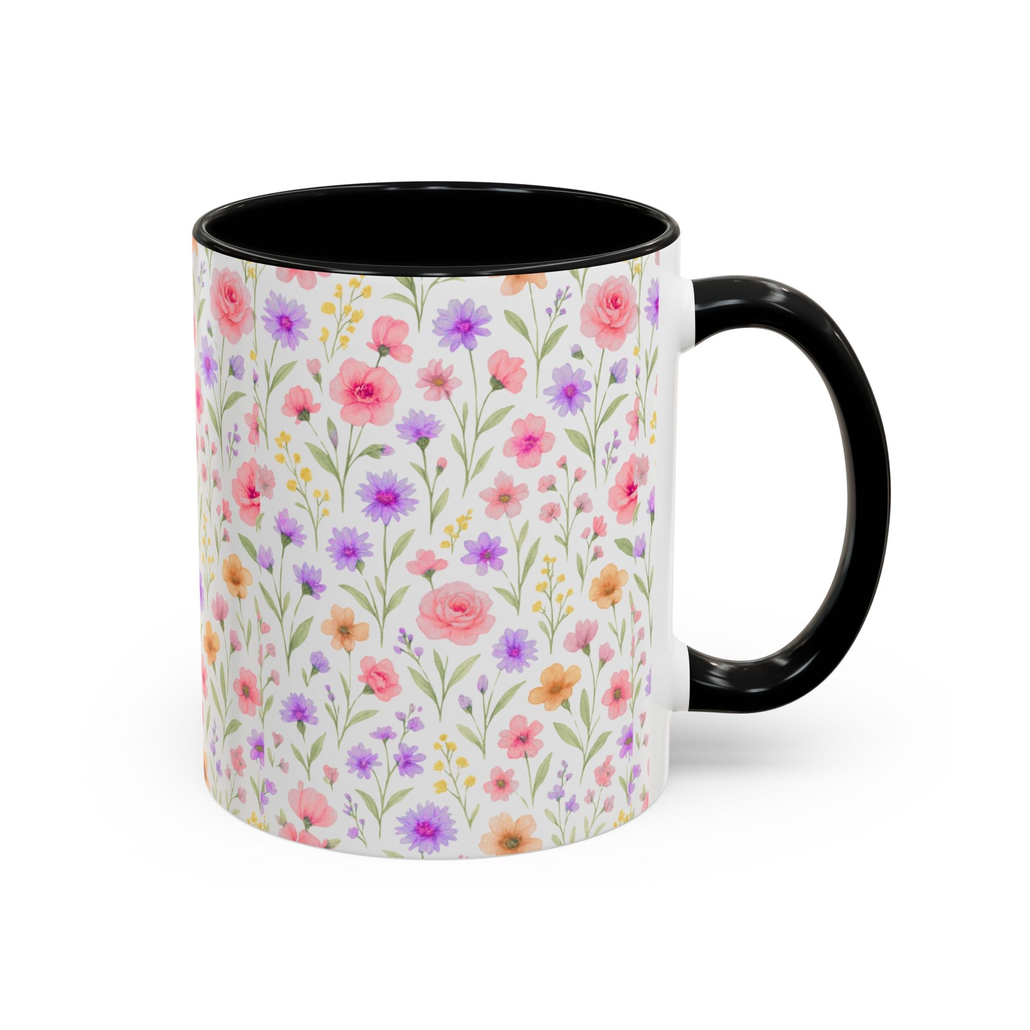 Floral Watercolor Accent Coffee Mug — Pastel Wildflower Pattern (11/15 oz)