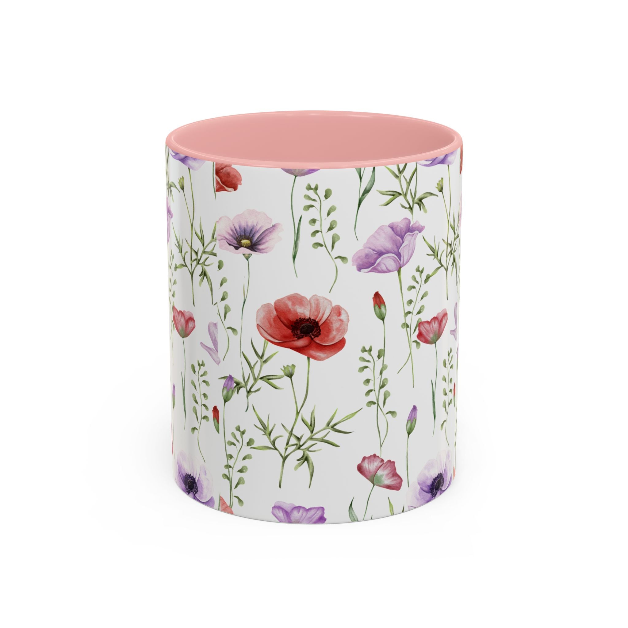 Floral Watercolor Accent Coffee Mug — Poppy & Wildflower Pattern (11/15oz)
