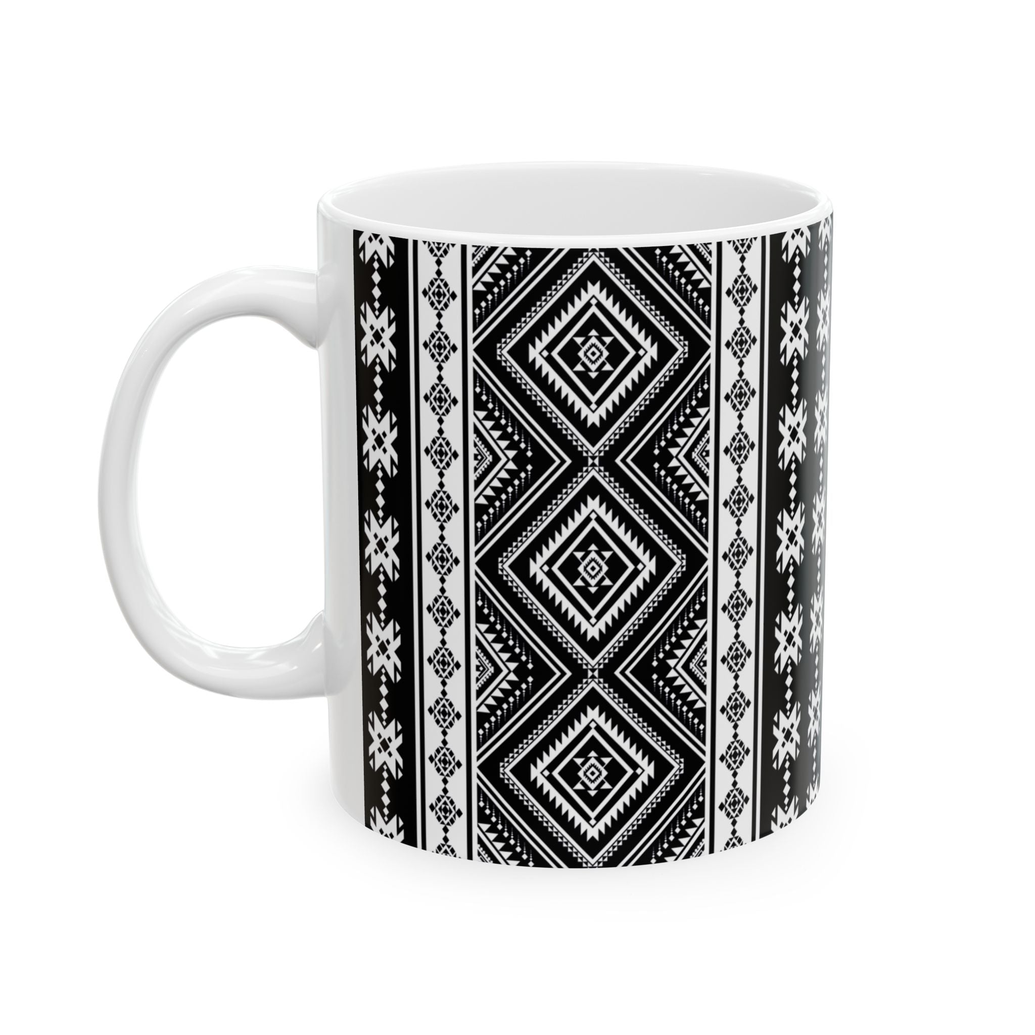 Black & White Aztec Pattern Ceramic Mug — Geometric Tribal Design (11oz/15oz)