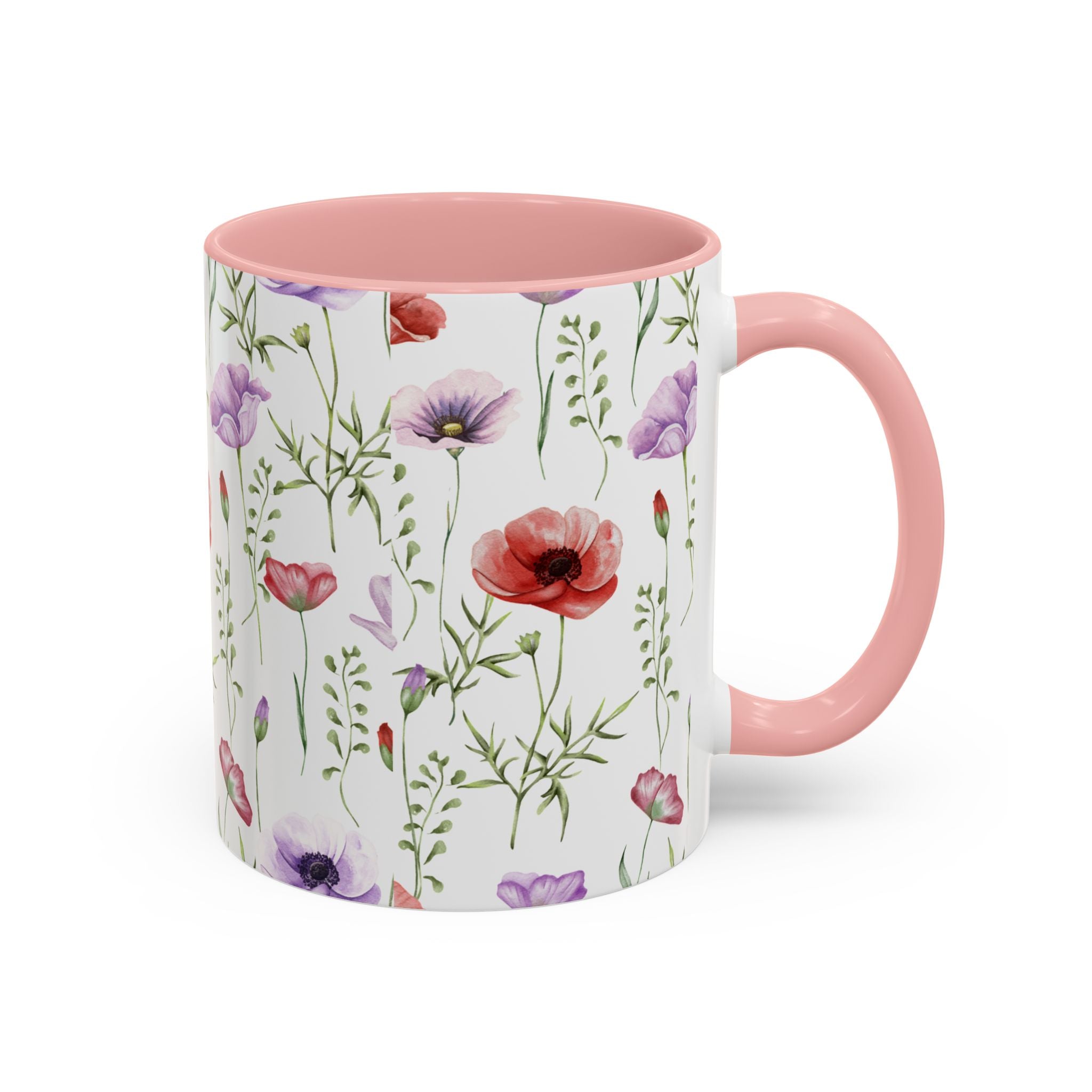 Floral Watercolor Accent Coffee Mug — Poppy & Wildflower Pattern (11/15oz)