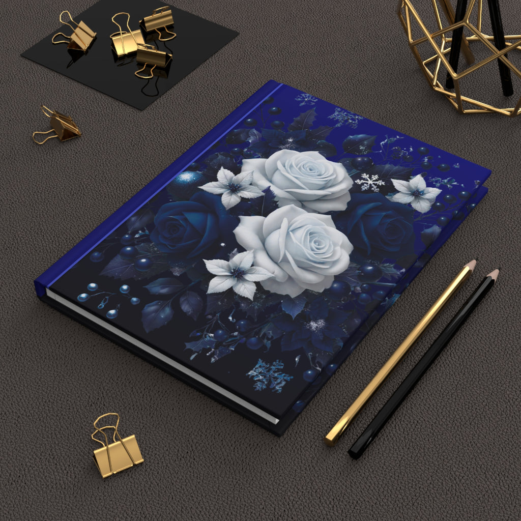 Blue & White Rose Hardcover Journal — Elegant Floral Notebook for Writing, Gifts & Winter Keepsakes