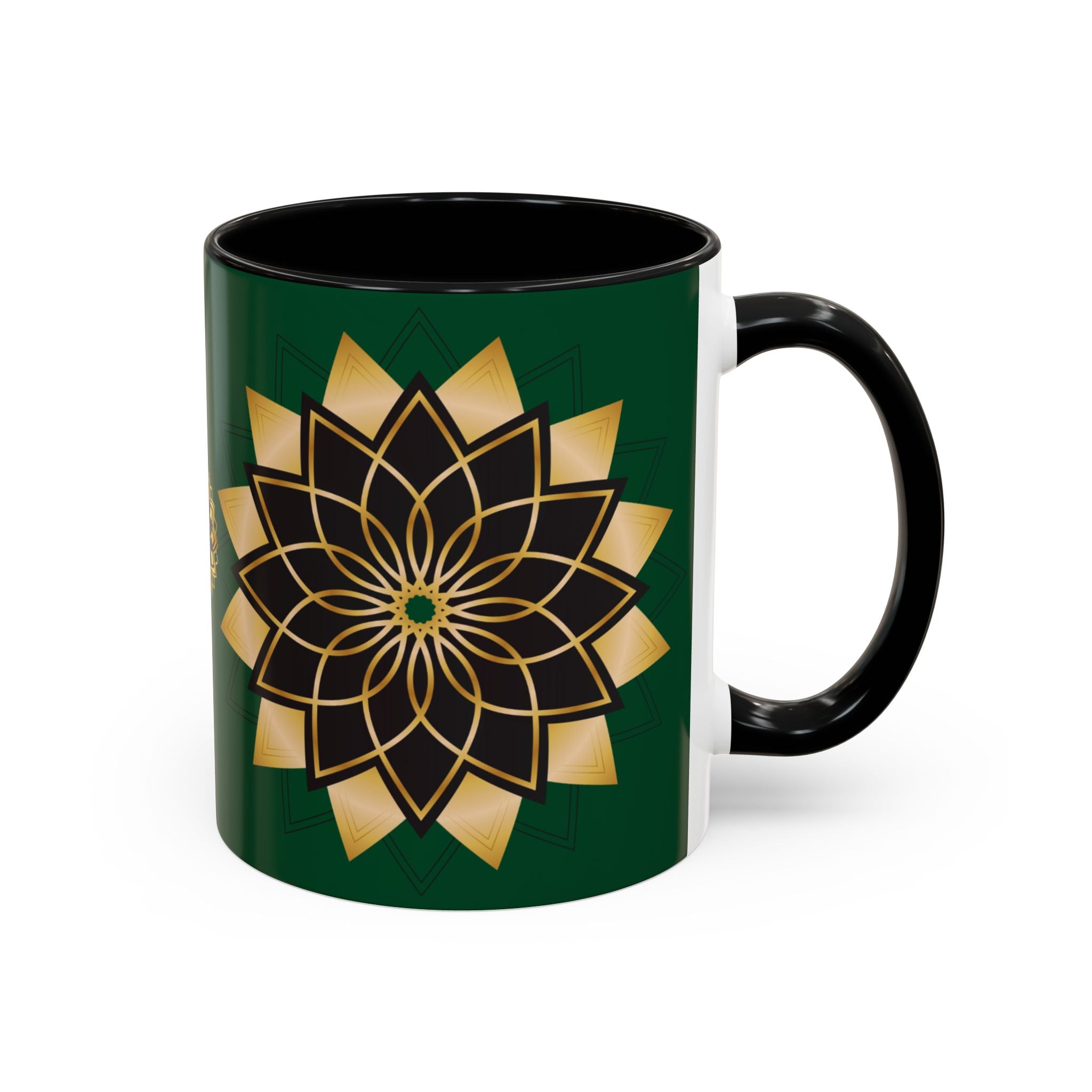 Gold Mandala Accent Coffee Mug — Elegant Green & Black Ceramic 11/15oz