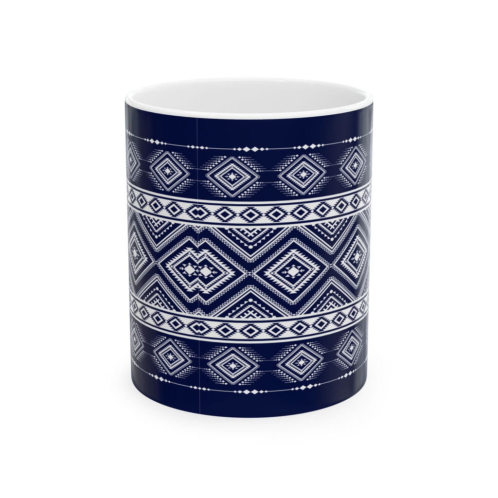 Navy Aztec Pattern Ceramic Mug — Geometric Tribal 11oz & 15oz