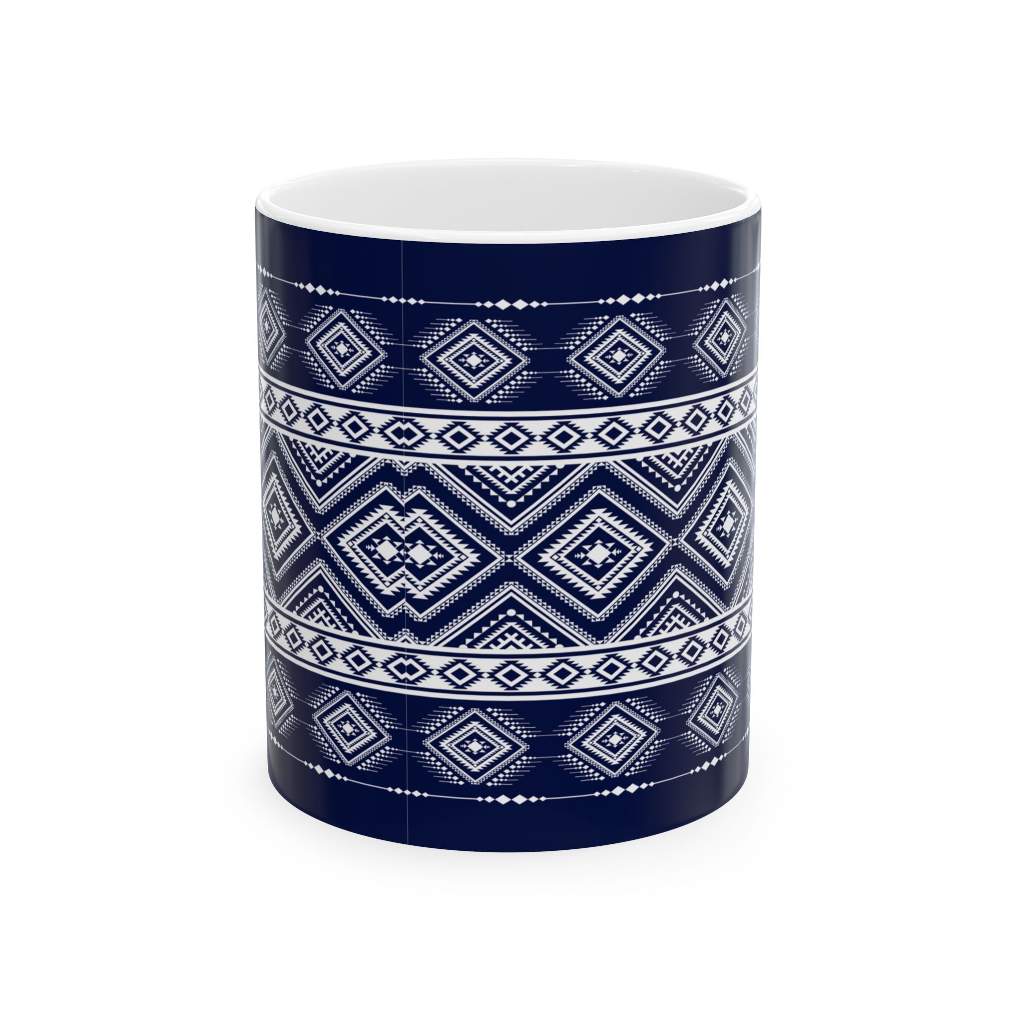 Navy Aztec Pattern Ceramic Mug — Geometric Tribal 11oz & 15oz