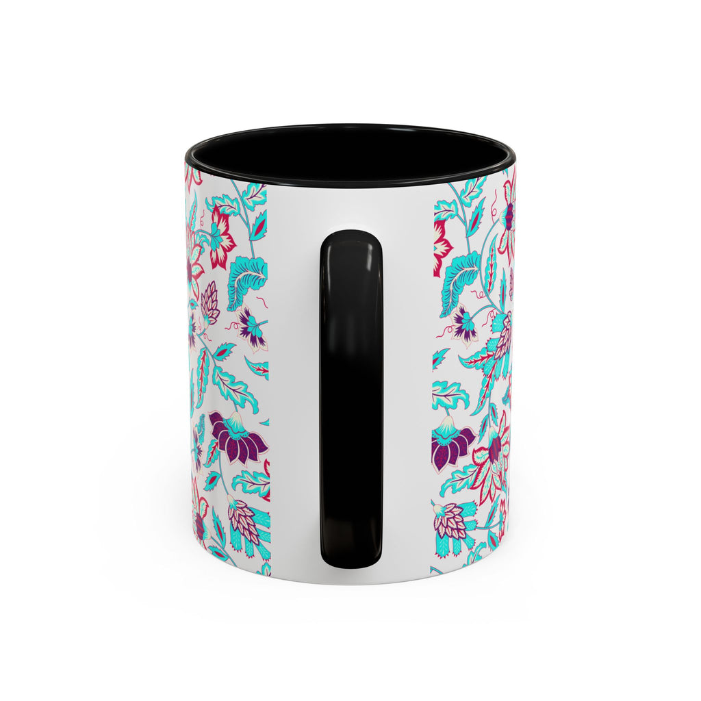 Floral Accent Coffee Mug – Teal & Magenta Patterned Ceramic Mug (11/15oz)