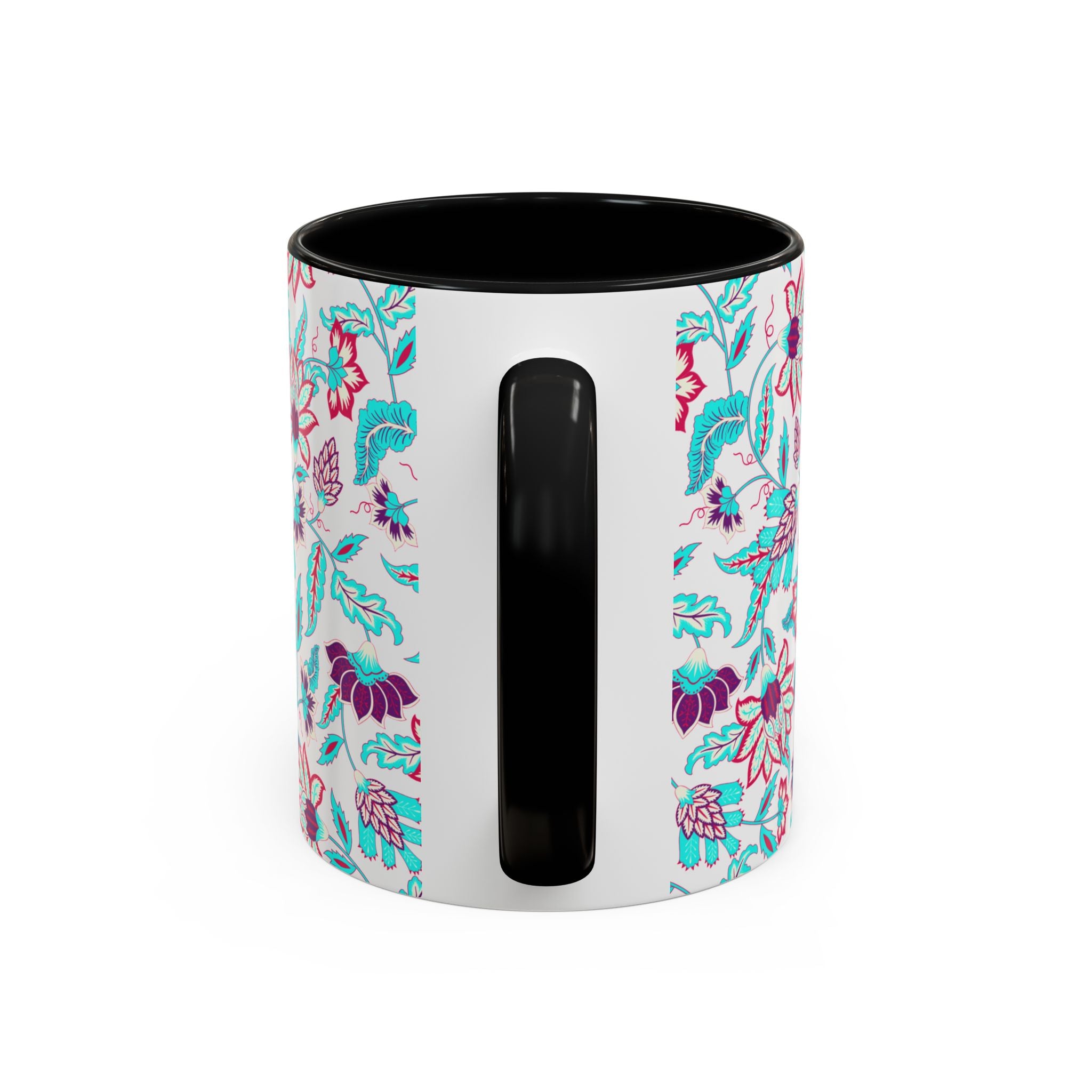 Floral Accent Coffee Mug – Teal & Magenta Patterned Ceramic Mug (11/15oz)