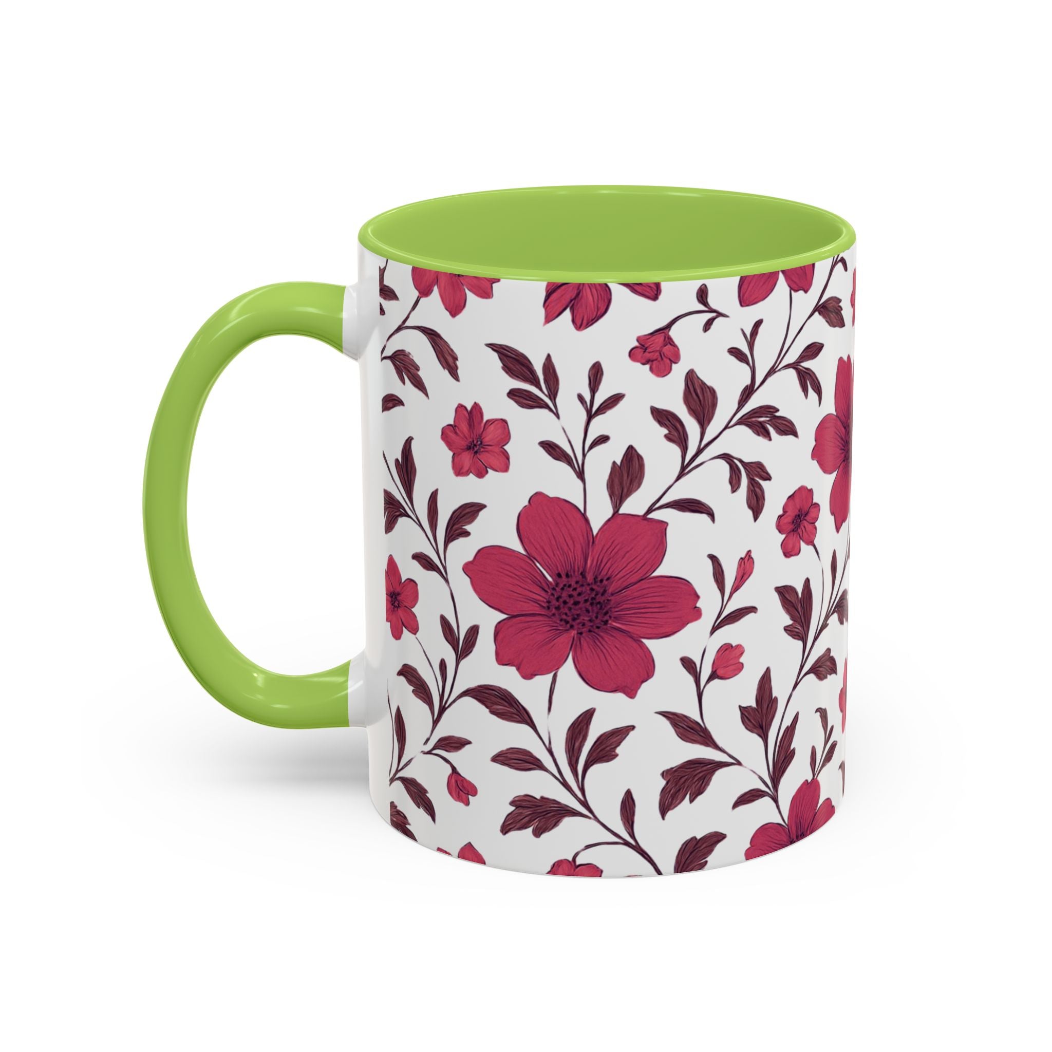 Floral Burgundy Accent Coffee Mug — Pink Blossom Pattern, 11/15oz