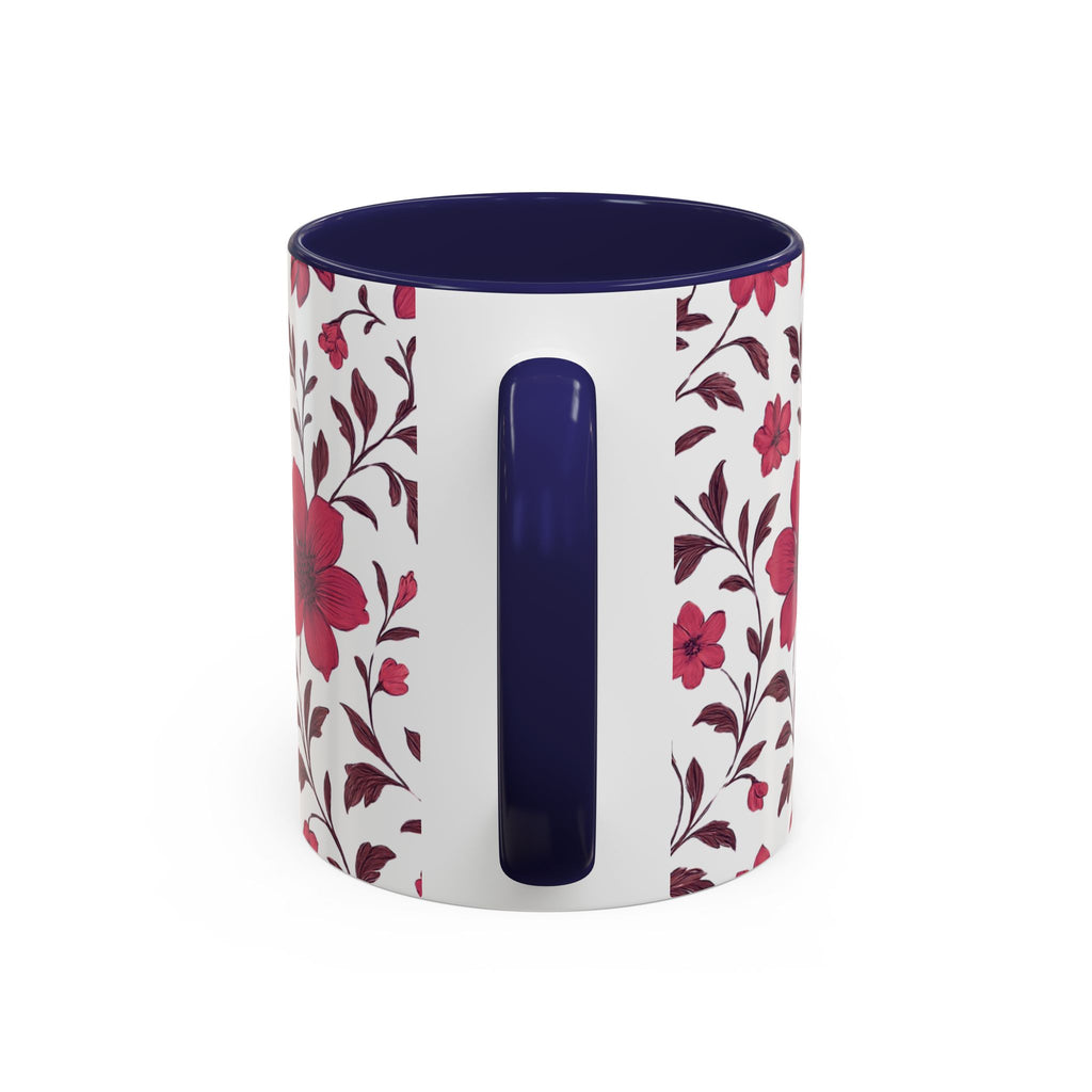 Floral Burgundy Accent Coffee Mug — Pink Blossom Pattern, 11/15oz