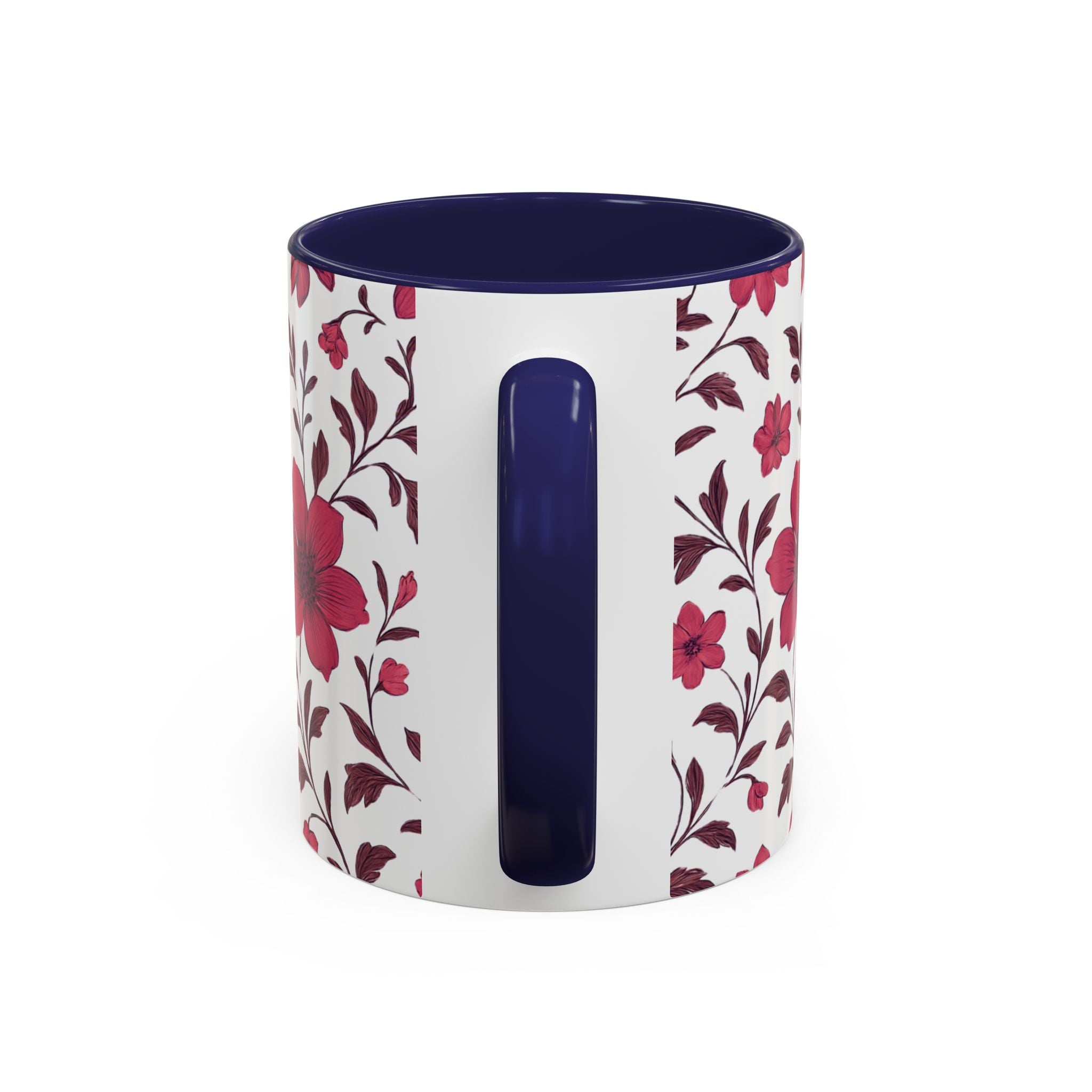 Floral Burgundy Accent Coffee Mug — Pink Blossom Pattern, 11/15oz
