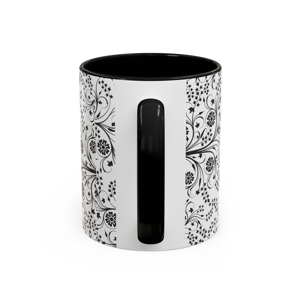 Black Floral Accent Coffee Mug — Elegant Swirl Pattern (11/15oz)