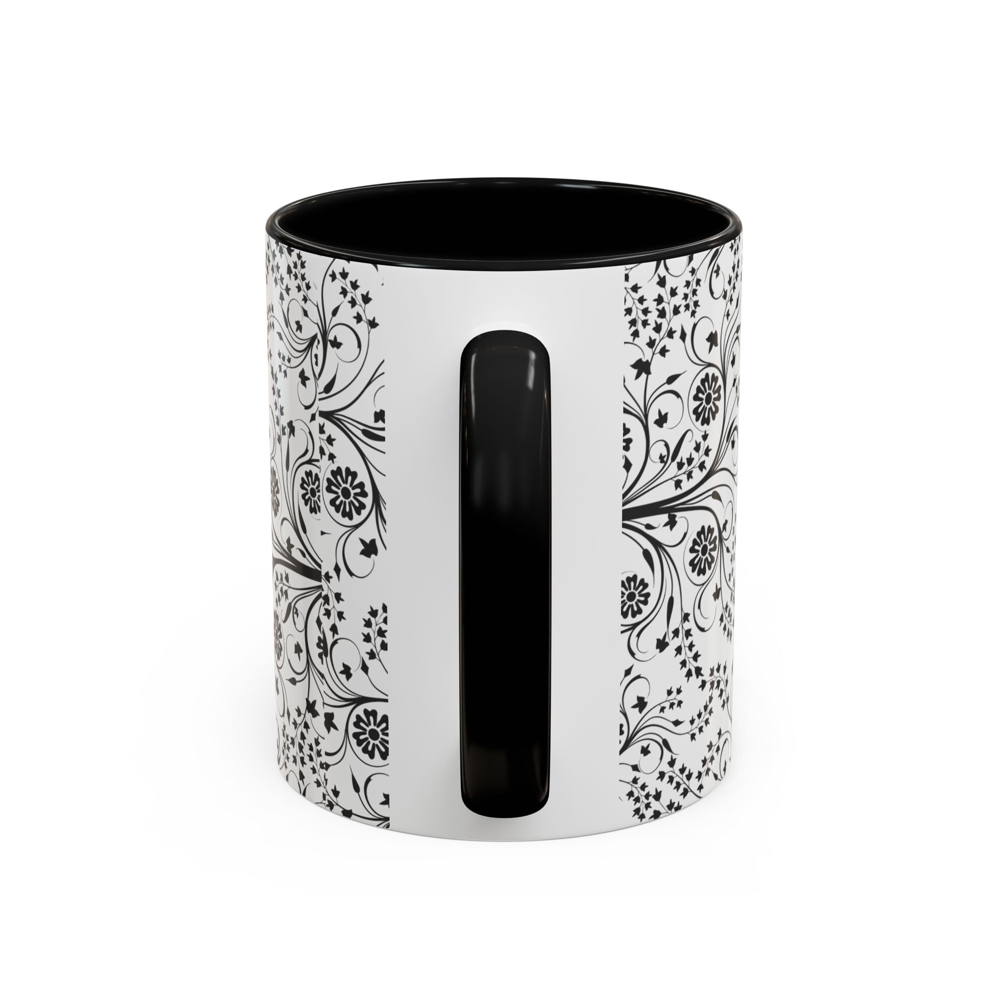 Black Floral Accent Coffee Mug — Elegant Swirl Pattern (11/15oz)