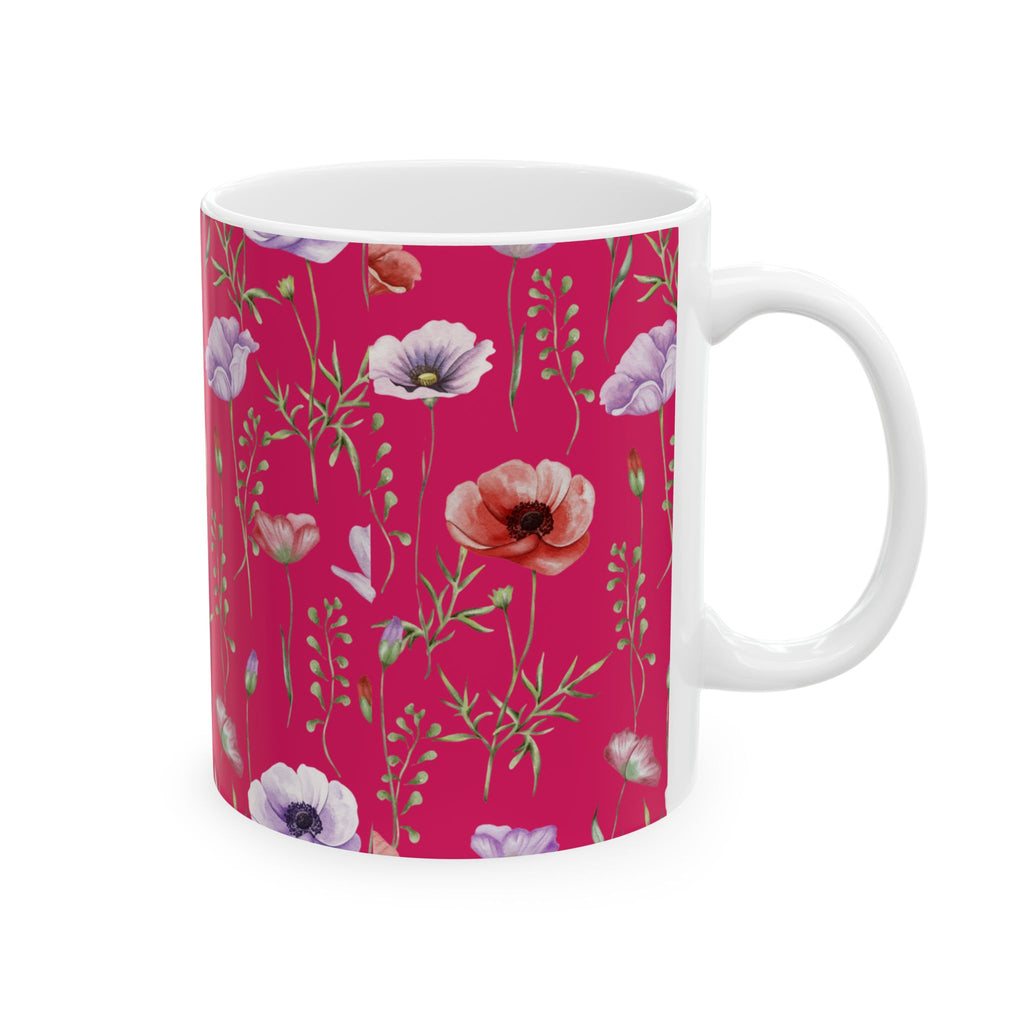 Floral Poppy Pattern Ceramic Mug — Pink Botanical Coffee Cup (11oz/15oz)