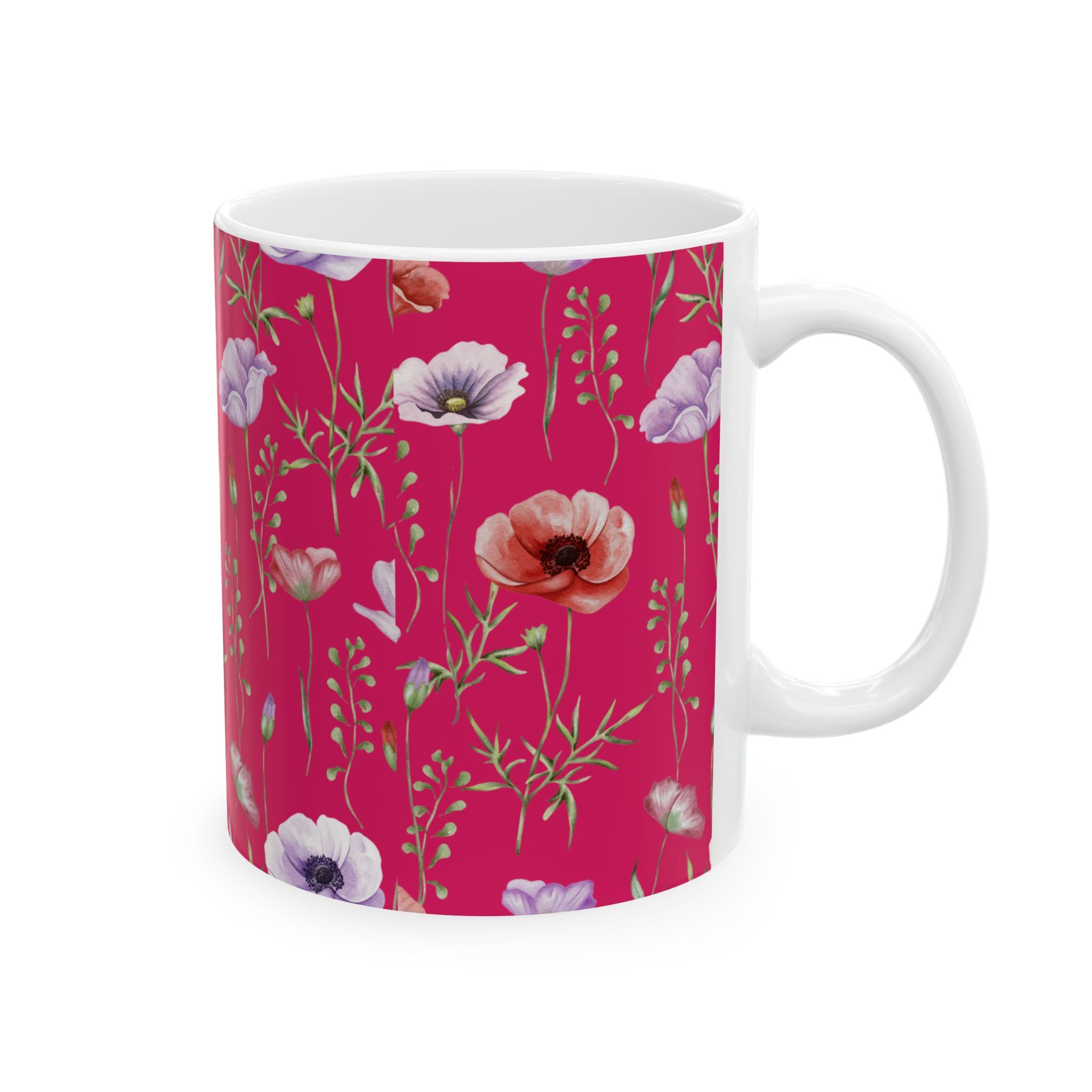 Floral Poppy Pattern Ceramic Mug — Pink Botanical Coffee Cup (11oz/15oz)
