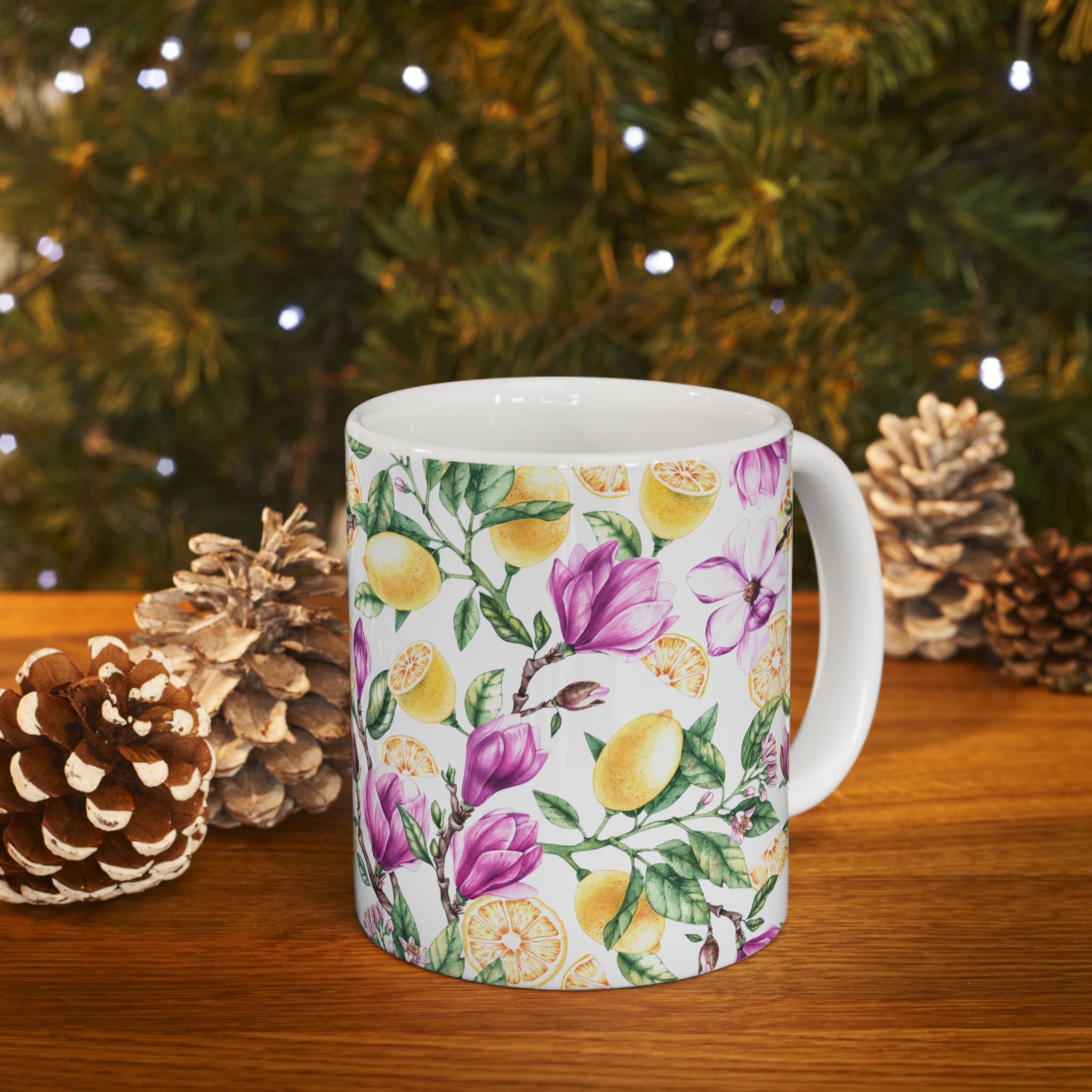 Lemon & Magnolia Floral Ceramic Mug (11oz, 15oz)